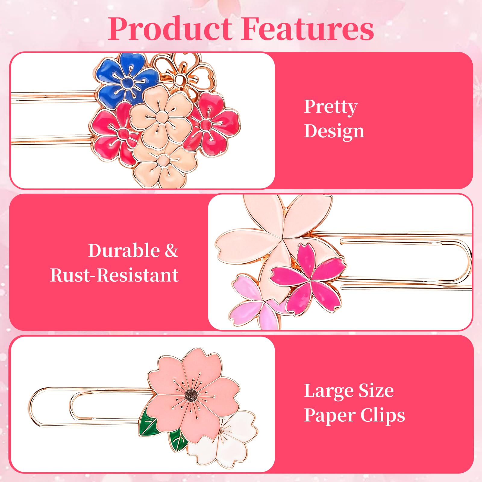 Lot de 7 trombones mignons en forme de fleur de cerisier - Jolis trombones décoratifs en métal doré rose avec motifs uniques de fleurs de cerisier pour marque-page, pince, accessoires de papeterie de