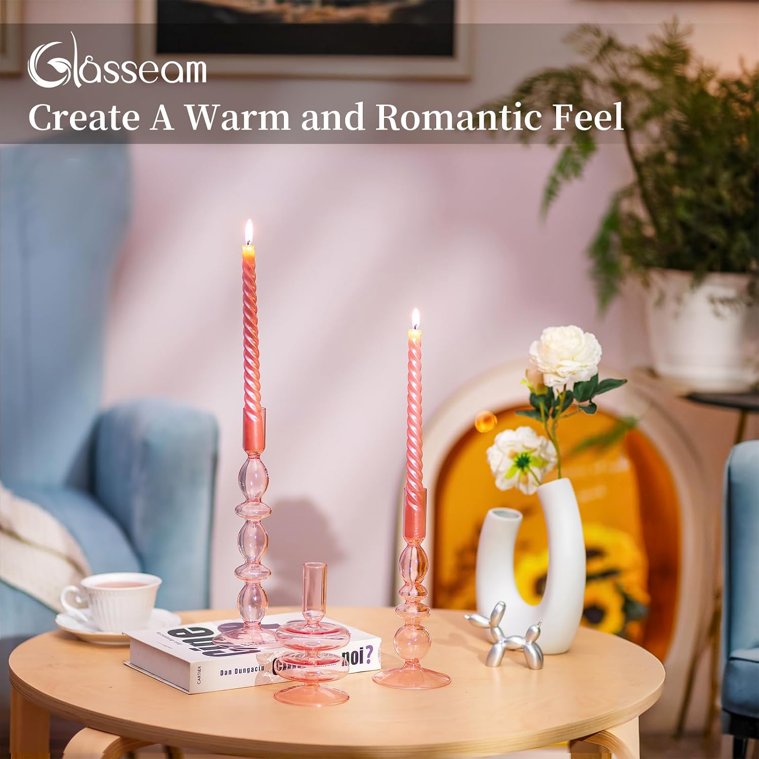 Glasseam Pink Tapered Candlestick Holders 3Pcs Glass Taper for Table Decor image 3