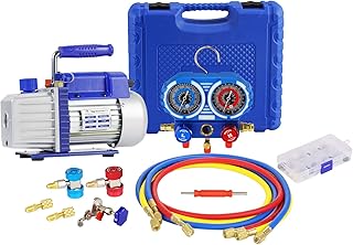 4CFM 1/3HP Single Stage Vacuum Pump and 3-Way Manifold Gauge Set for R410A, R134A, R404A, R22 Refrigerants with Anti-collisive Valve Body for HVAC A/C Refrigeration Recharging and Maintenance, No Oil