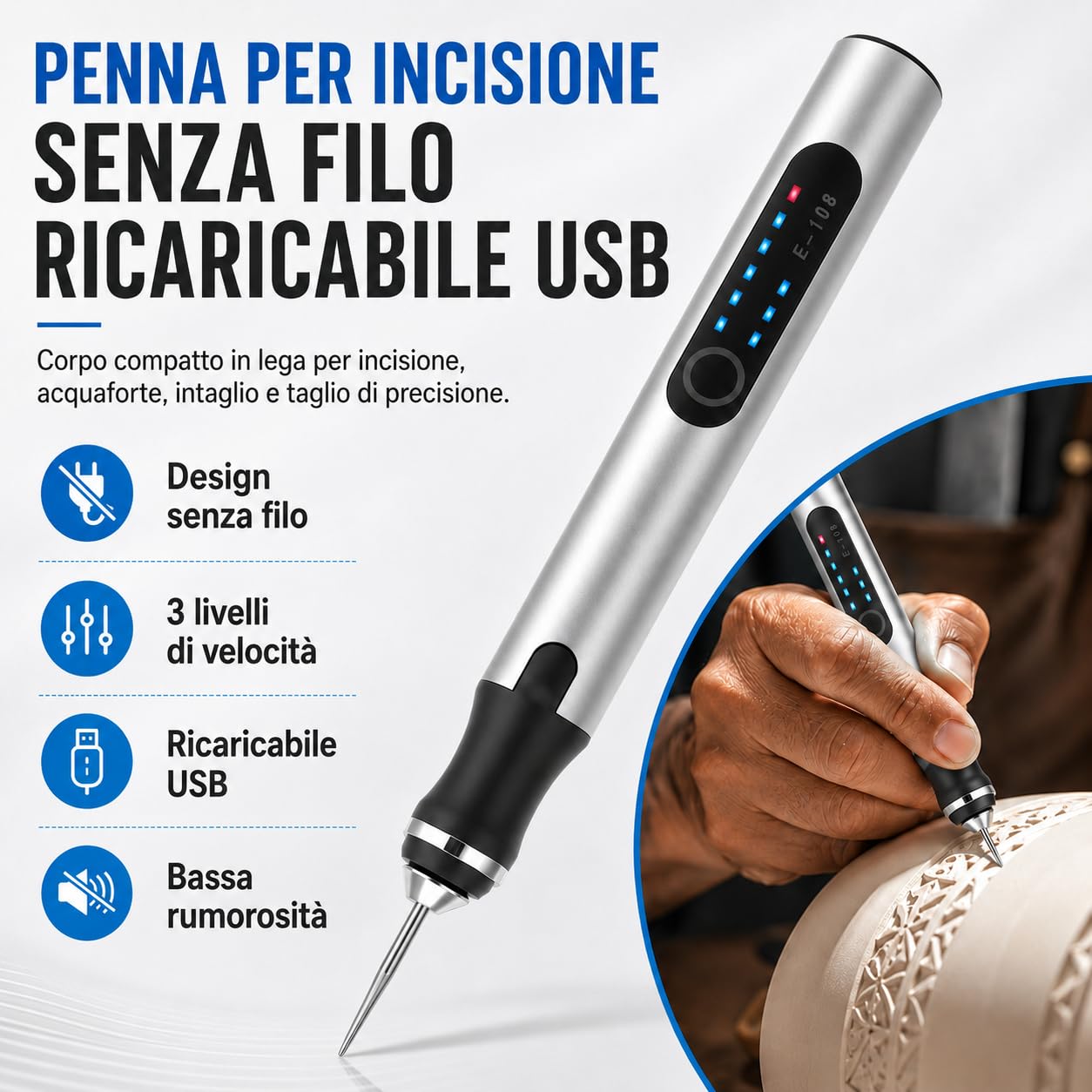 VOBOR Penna Elettrica per Incisione Senza Fili, Kit Strumenti Incisore Rotante Portatile, Ricaricabile USB, Mini Incisione a Batteria per Legno Metallo Vetro Gioielli Plastica Pietra – Fai da Te