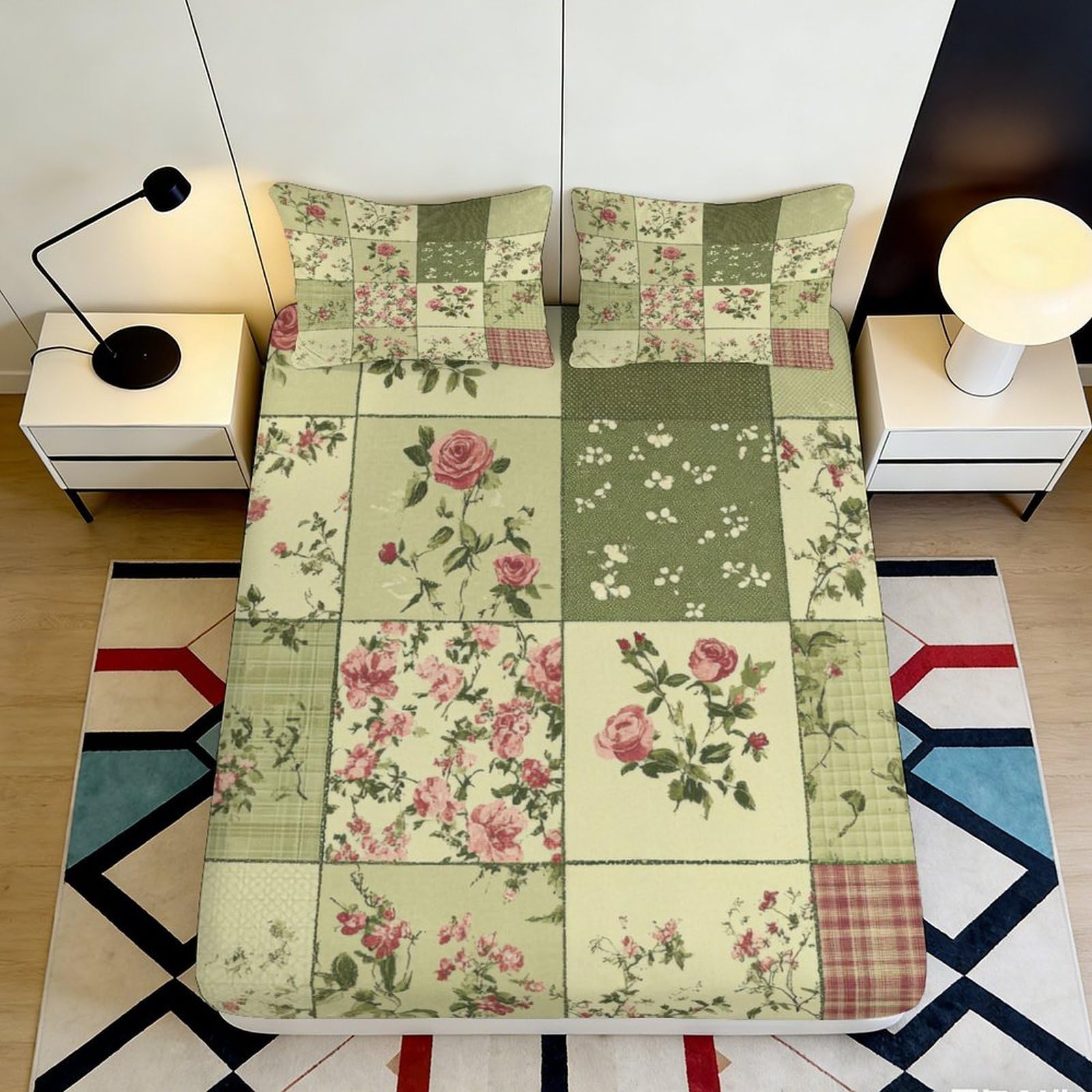 Uynsixtme Style-5 3D Printed Patchwork Floral Fitted Sheet Microfiber Deep Pocket Full Wrap Patchwork Floral Mattress Fitted Cover Non-Slip Bedding 90X200x25cm