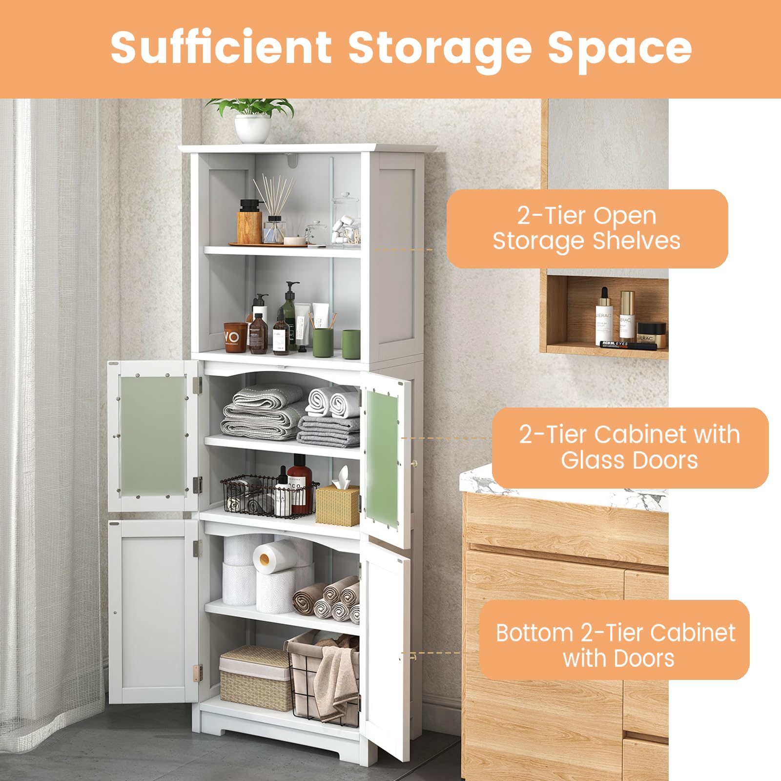 LIFEZEAL Armario Alto, Armario Independiente de Suelo con 4 Puertas, Gabinete con Estantes Ajustables, Mueble Organizador con 2 Puertas de Vidrio Templado para Baño, Cocina, Salón (Blanco)