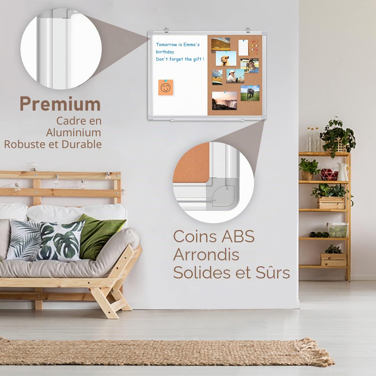 maxtek Tableau Blanc avec Liège 60 x 45 cm, Tableau Mixte Effacable Magnetique avec Cadre en Aluminium, Tableau d'affichage en Liège le Bureau, la Salle de Classe