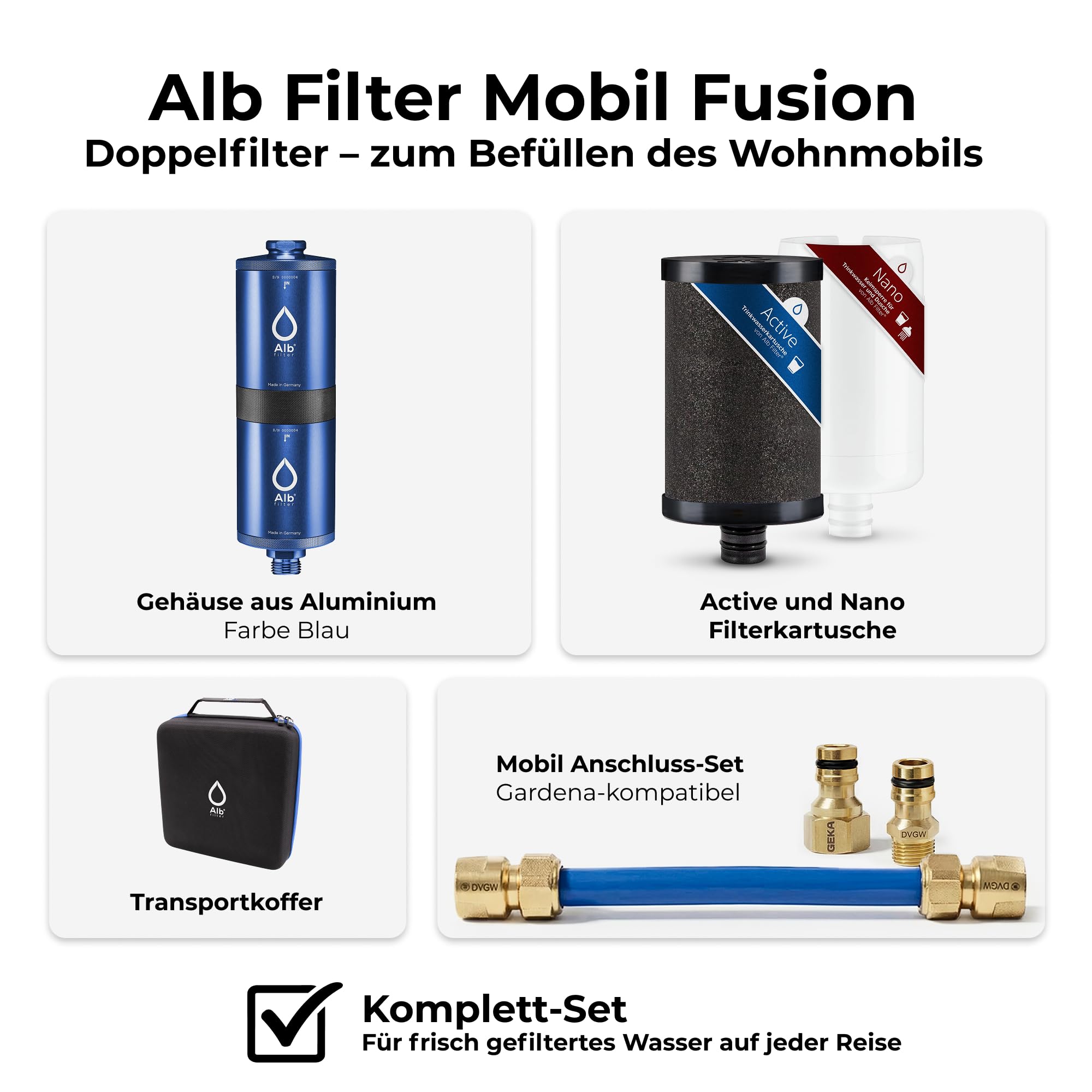 Alb Filter MOBIL FUSION Befüllfilter Camping Alu Blau | Zweistufiger Wasserfilter gegen Schadstoffe & Keime bis 0,1 µm, Befüllfilter, GEKA-Set Gardena-kompatibel, Made in Germany