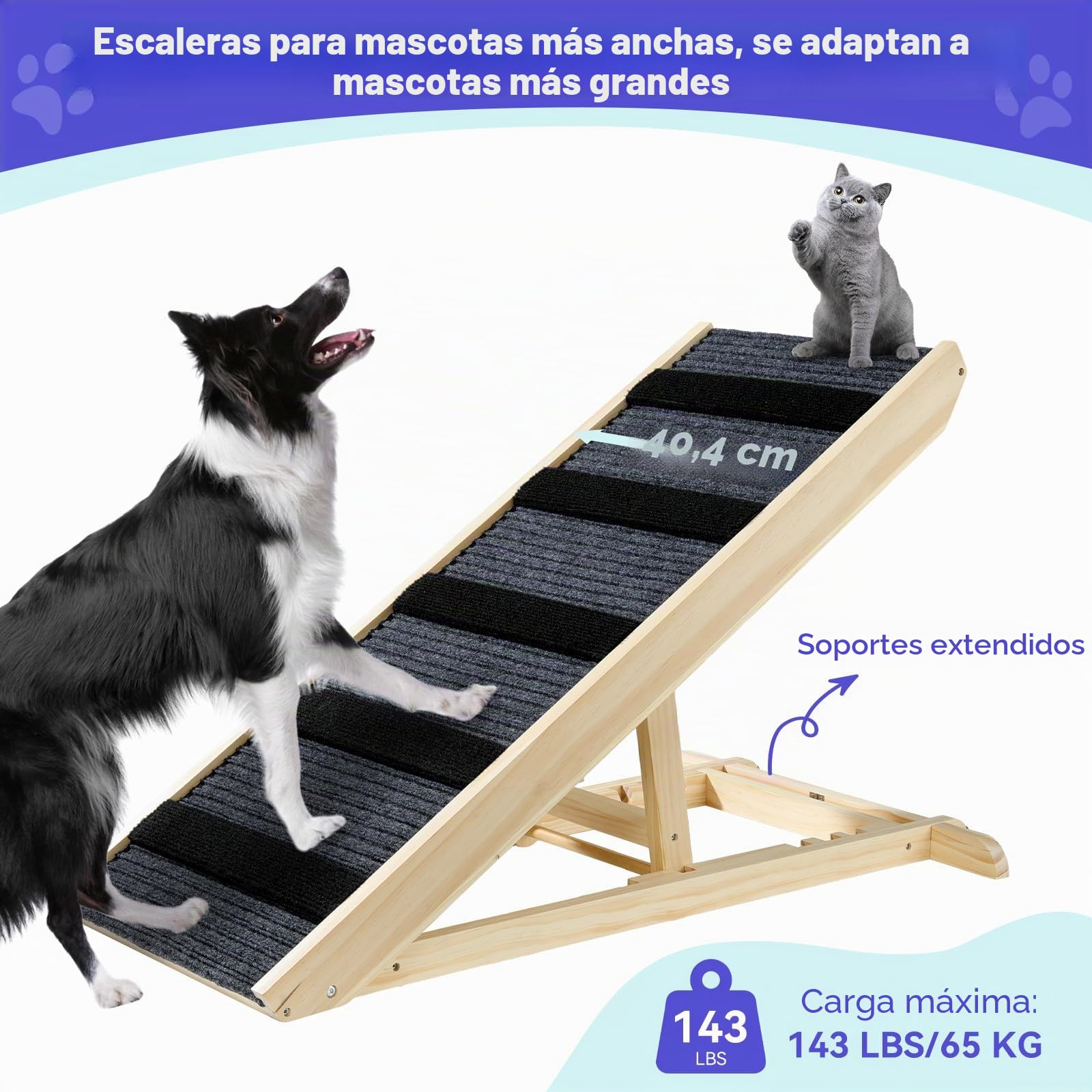 Pawaboo Rampa para Perros Cama, Rampa para Mascotas Madera, 4 Altura Ajustable29,5/37/45/57cm con Alfombra Antideslizante, Escalera de Perros Pequeños Medianos Gatos para Sofá Cama Coche, Madera