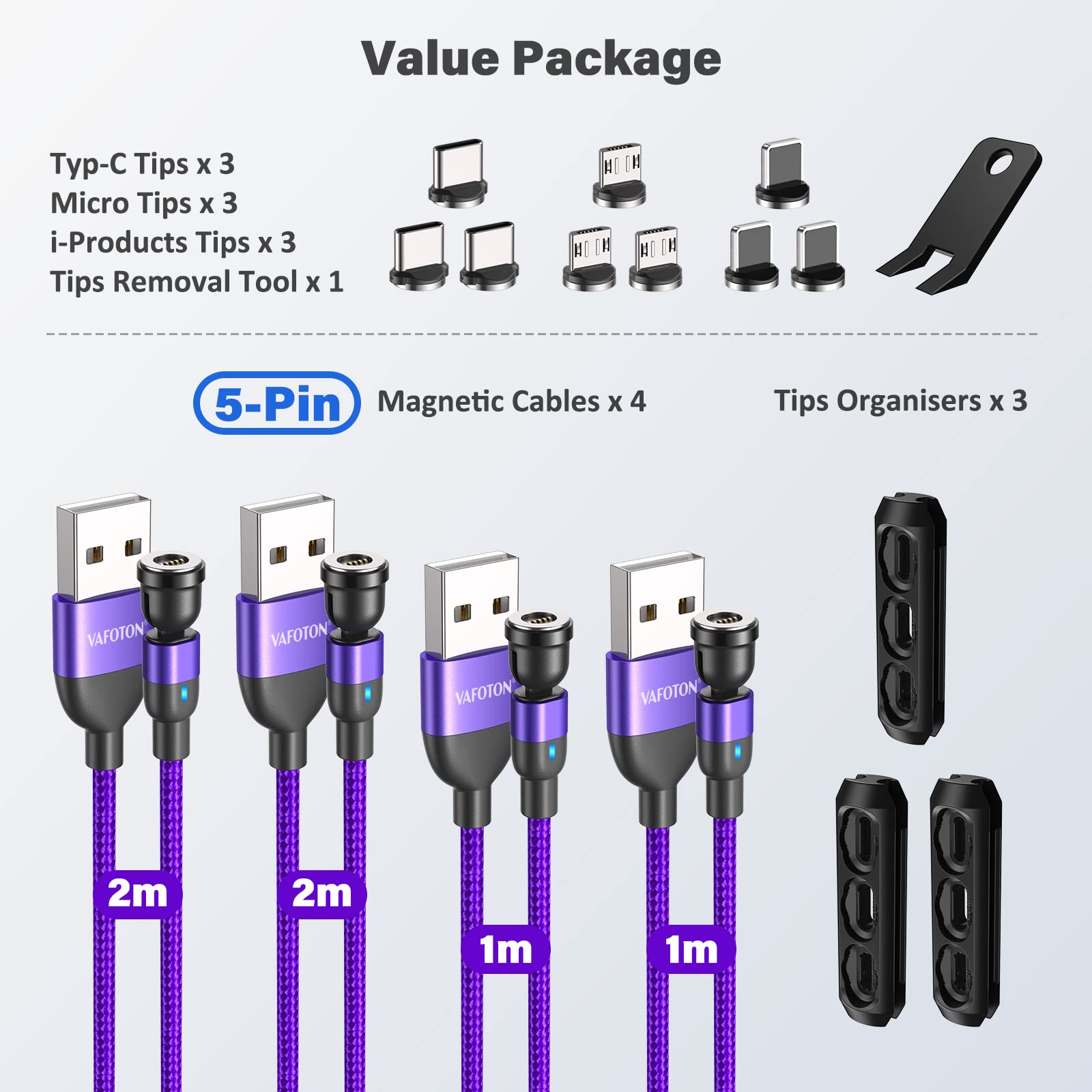 Vafoton 540 Magnetic Fast Charging Cable 4pack 1m 1m 2m
