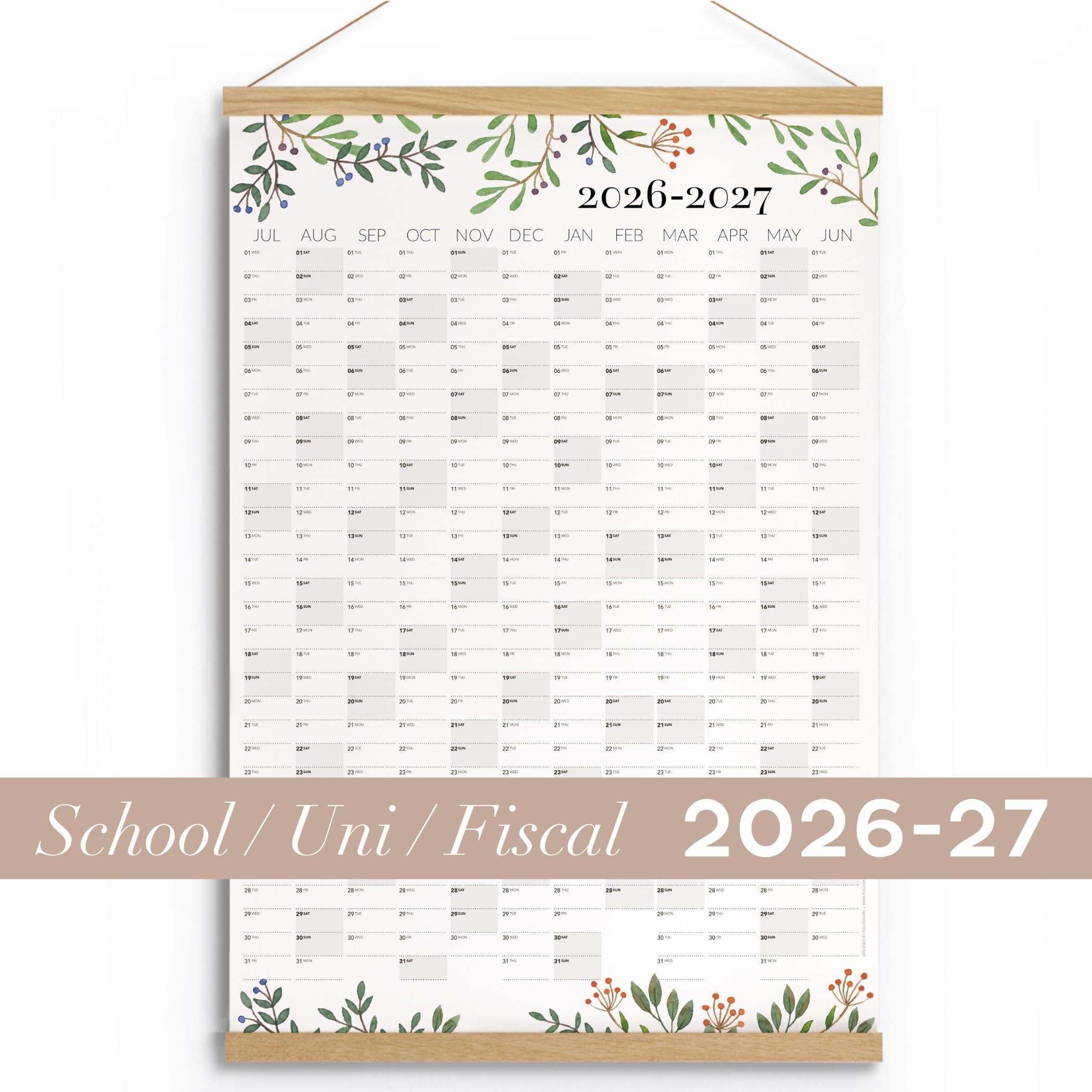 Schuljahres Wandkalender 2026/2027 mit Eichenholzaufhänger- Premium gerollt, 70x100 cm Terminkalender für Lehrer Büro & Planung