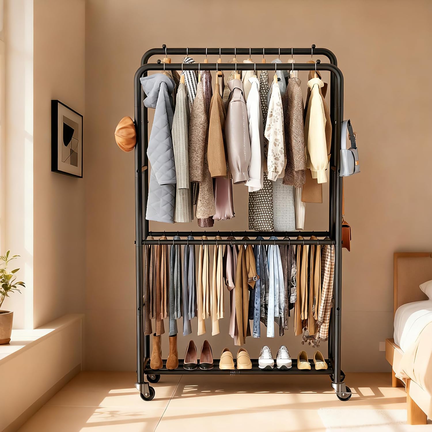 Clothes Racks for Hanging Clothes, Rolling Clothing Rack with Pants Rack, Side Hooks & Shoe Shelf, Portable Garment Rack for Bedroom, Laundry Room, Clothing Store, Closet, Black