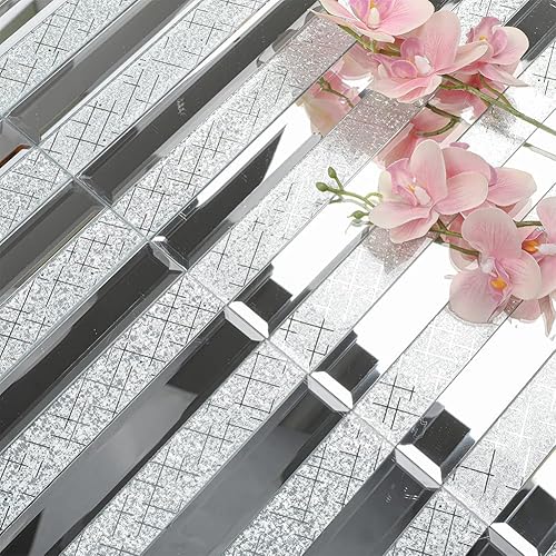 Miniatura 7 de Mosaico de espejo biselado para despegar y pegar, azulejos autoadhesivos de vidrio para salpicaduras de cocina, pared de baño (5 hojas, meteorito