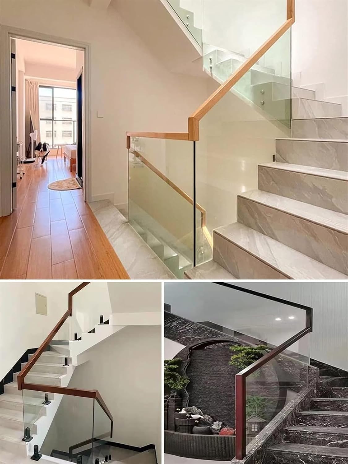 Handrails for Stairs,Railing for Stairs,Black/ White/ Brown/ Grey Glass Fence Balusters Top Handrail Wooden, Balcony Deck Staircase Lofts Platform Corridors Hotel Restaurant Indoor Outdoor Glass Raili