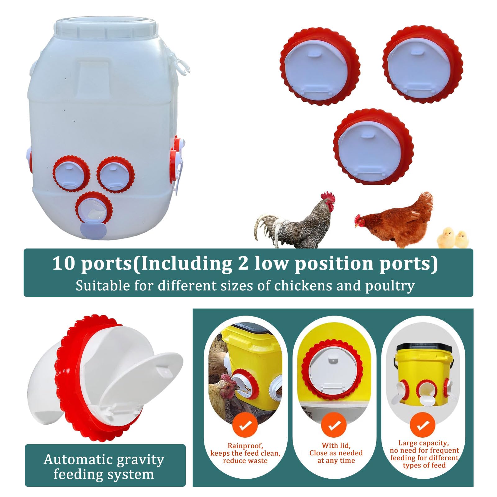 Set Mangiatoia e Abbeveratoio per Galline Polli, Plastica Resistente Alimentatore 50L con 10 Porte, Distributore Acqua 10L con 8 Tazze per Pulcini Anatre Pollame(Color:Bianco)