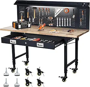 Work Bench 60" Adjustable Height, Heavy-Duty Portable Workbench with Power Outlets and Drawer for Garage & Workshop, 2000 LBS Load Capacity Large Pegboard, Work Table for Office, Home, Easy Assembly