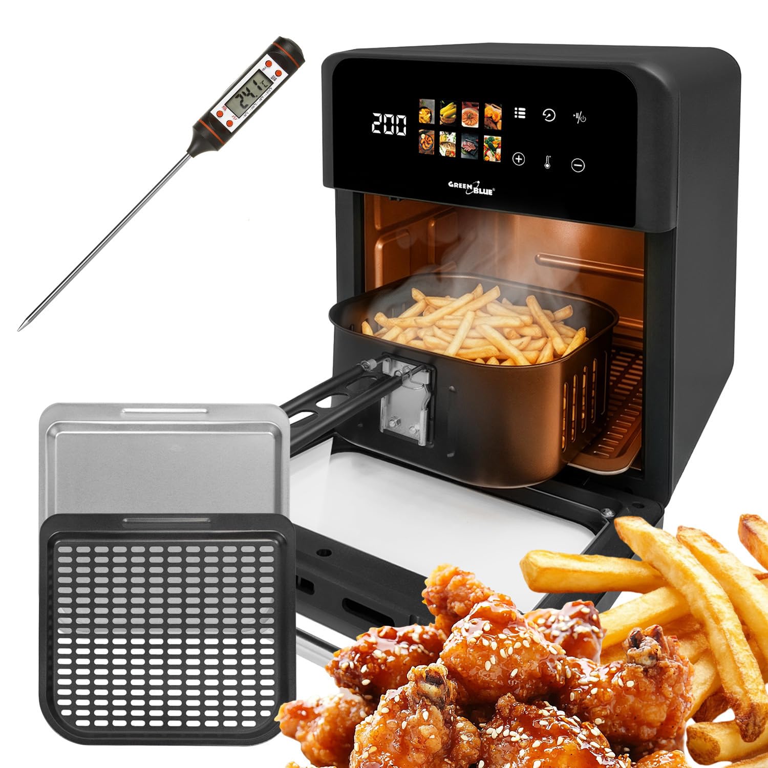 GreenBlue GB950 Freidora sin aceite Air Fryer 10 L, 1800 W, ventana de visualización, 8 programas, panel táctil y termómetro de sonda GreenBlue GB178