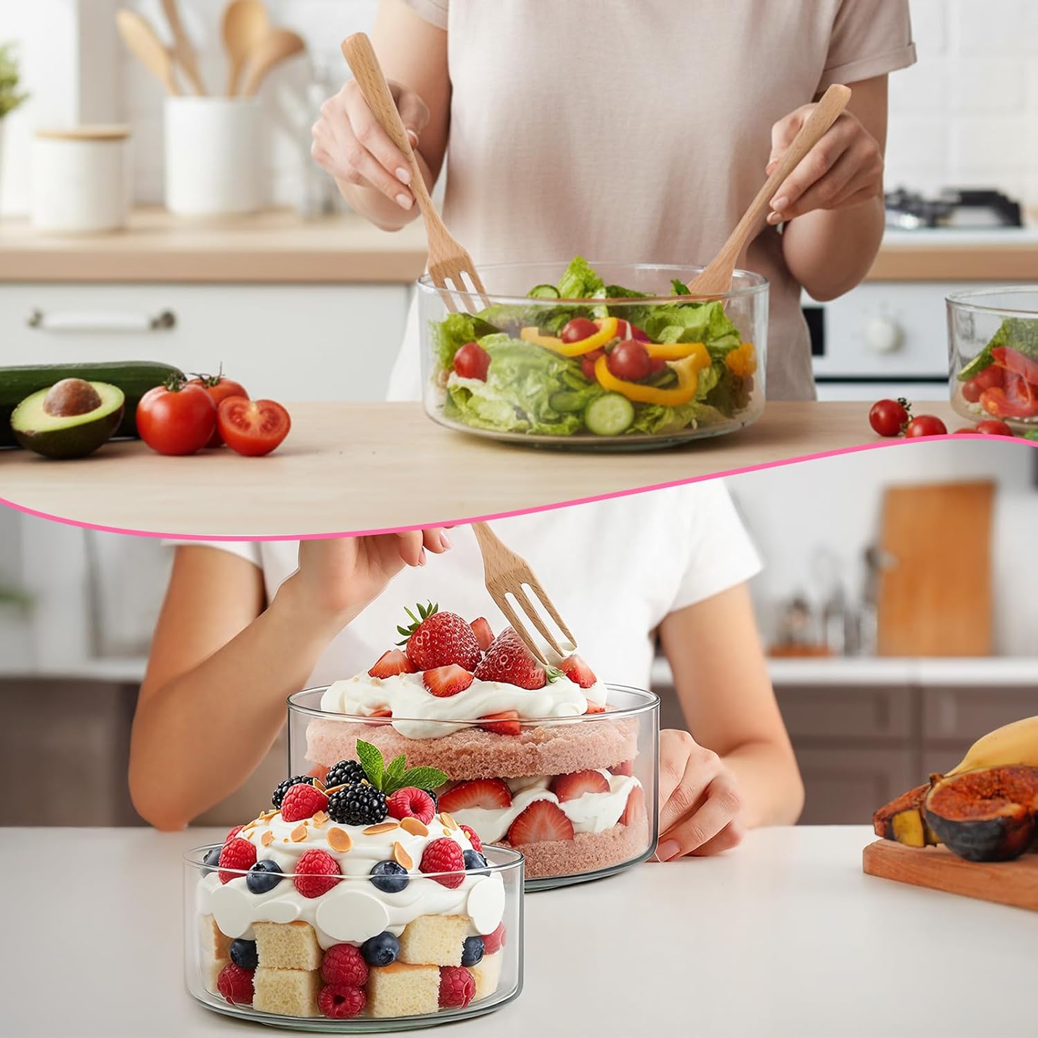 Qinyoung 2 Pack Large Trifle Bowls with Lids 9 Inch and 6.9 Inch Clear Glass Large Salad Bowl for Cake, Baking, Dessert, Fruit and Party DIY with 5 Pcs Wood Serving Utensils, Microwave Dishwasher Safe