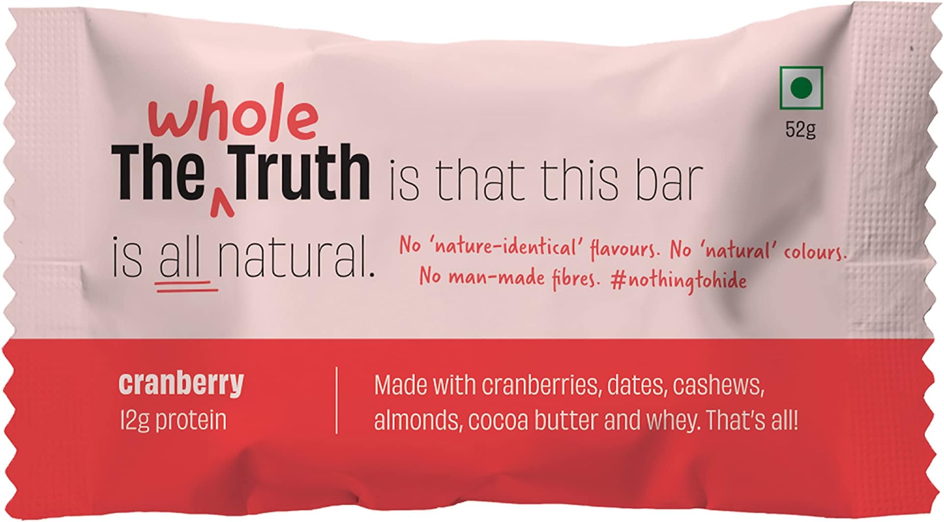 The Whole Truth - Protein Bars Cranberry Pack Of 6 X 52G Each No Added Sugar No Preservatives No Artificial Sweeteners No Gluten Or Soy All Natural Ingredients