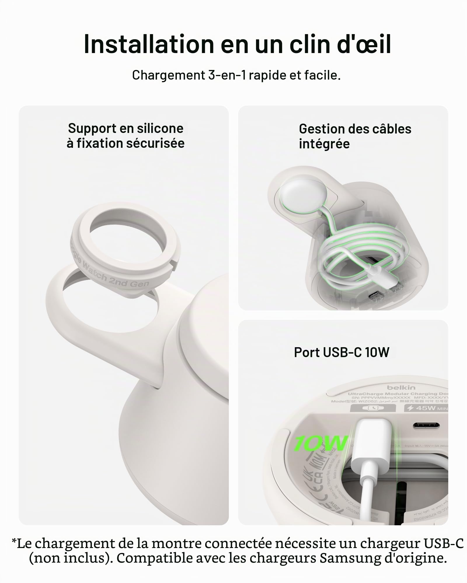 Belkin Qi2.2 Station de charge magnétique sans fil 25 W, chargeur Samsung 3 en 1 | Charge rapide, compatible MagSafe, Samsung Galaxy S26, chargeur Android, Pixel 10, iPhone 17/16/15, Apple Watch, AirPods