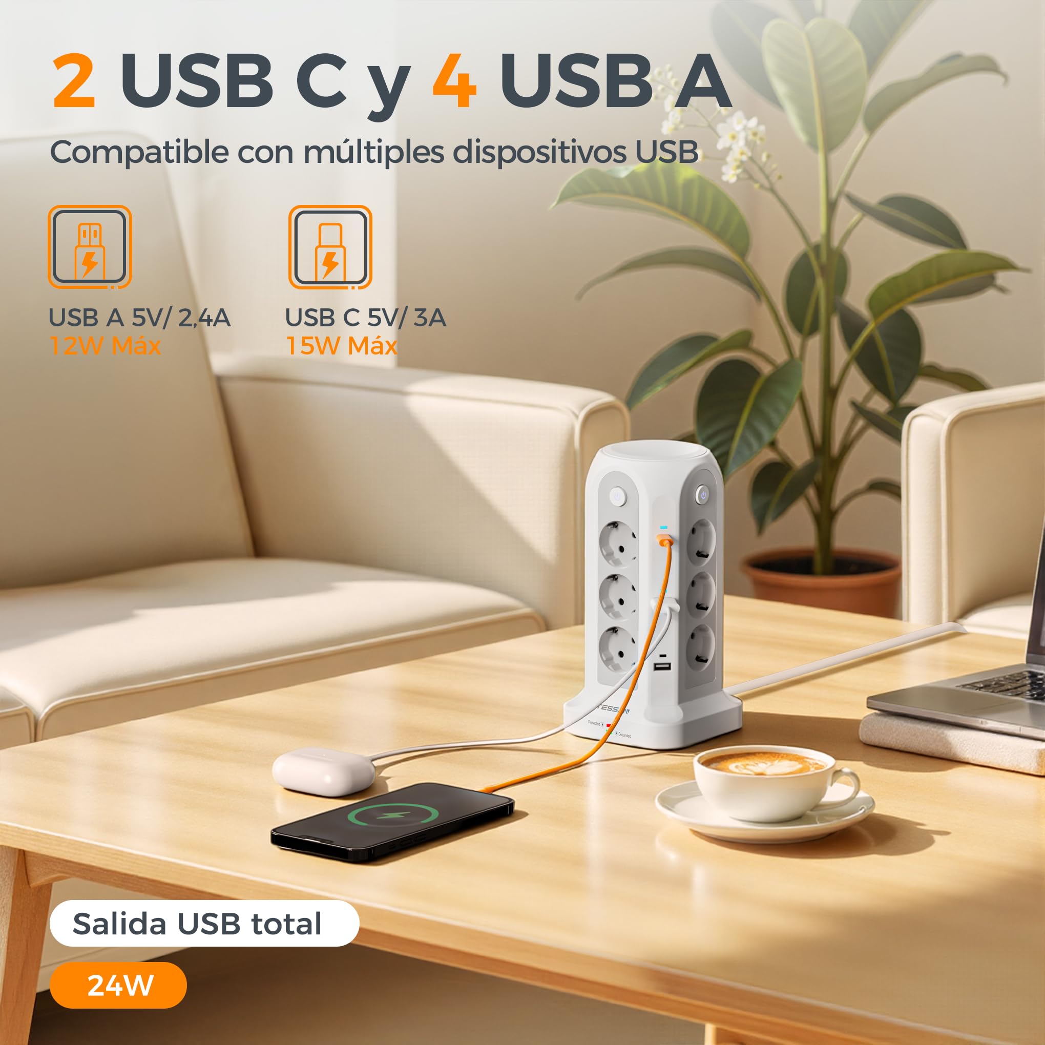 TESSAN Regleta Enchufes Torre 18 en 1 con 6 USB 12 Tomas Multiples 2 USB C Proteccion Sobretension Cable 2M