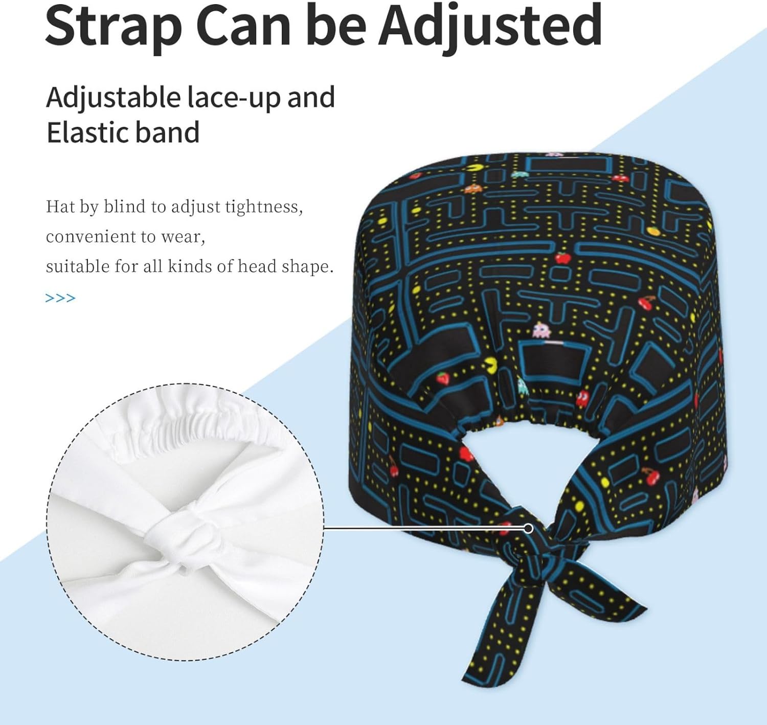 Cute Pug Dog Print Working Cap Scrub Cap with Sweatband,Adjustable Fashion Bandage Tie Back Hat Headwear for Women Men