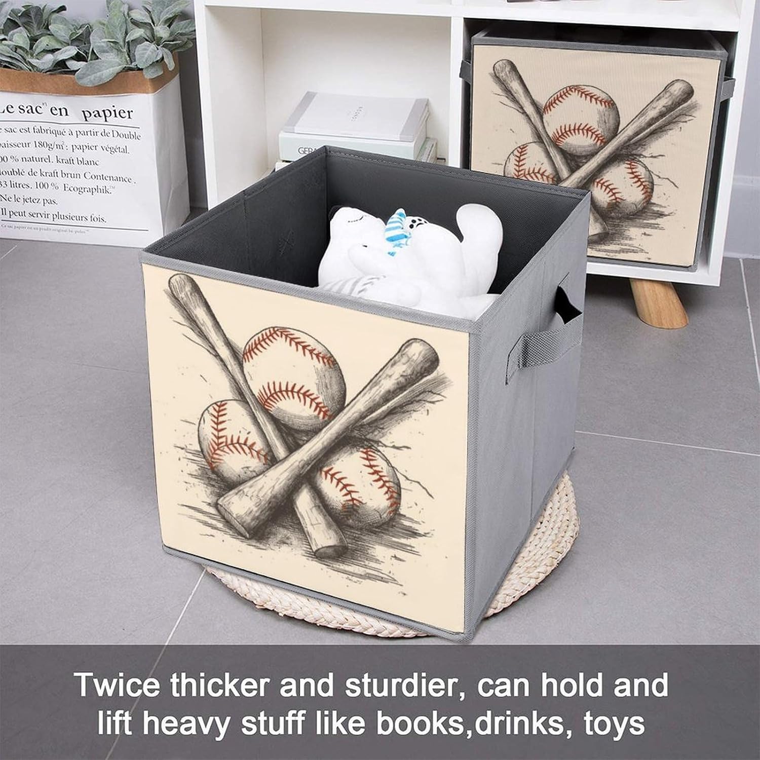 Hand Drawn Baseball Bats And Ball Storage Cubes Set of 6 Storage Bins with Handles Collapsible Storage Basket Fabric Storage Box for Shelves Large Closet Shelf Organizer for Organization 11 Inch