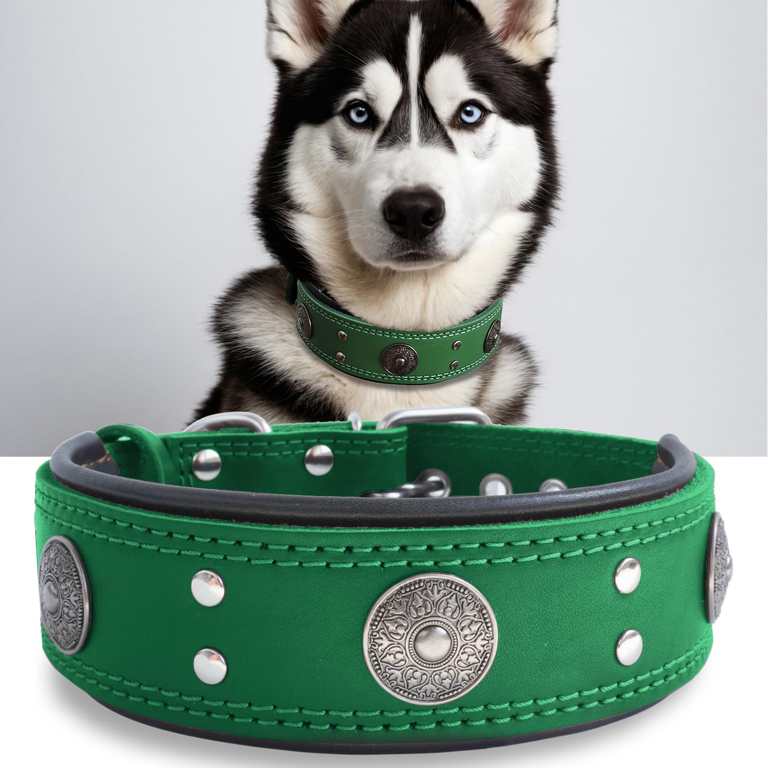 Leather Dog Collar, 2 inches Wide Heavy Duty Genuine Leather Collars, Handmade, Soft, and Luxury, Eye-catching Best Choice for Large and Medium Breed