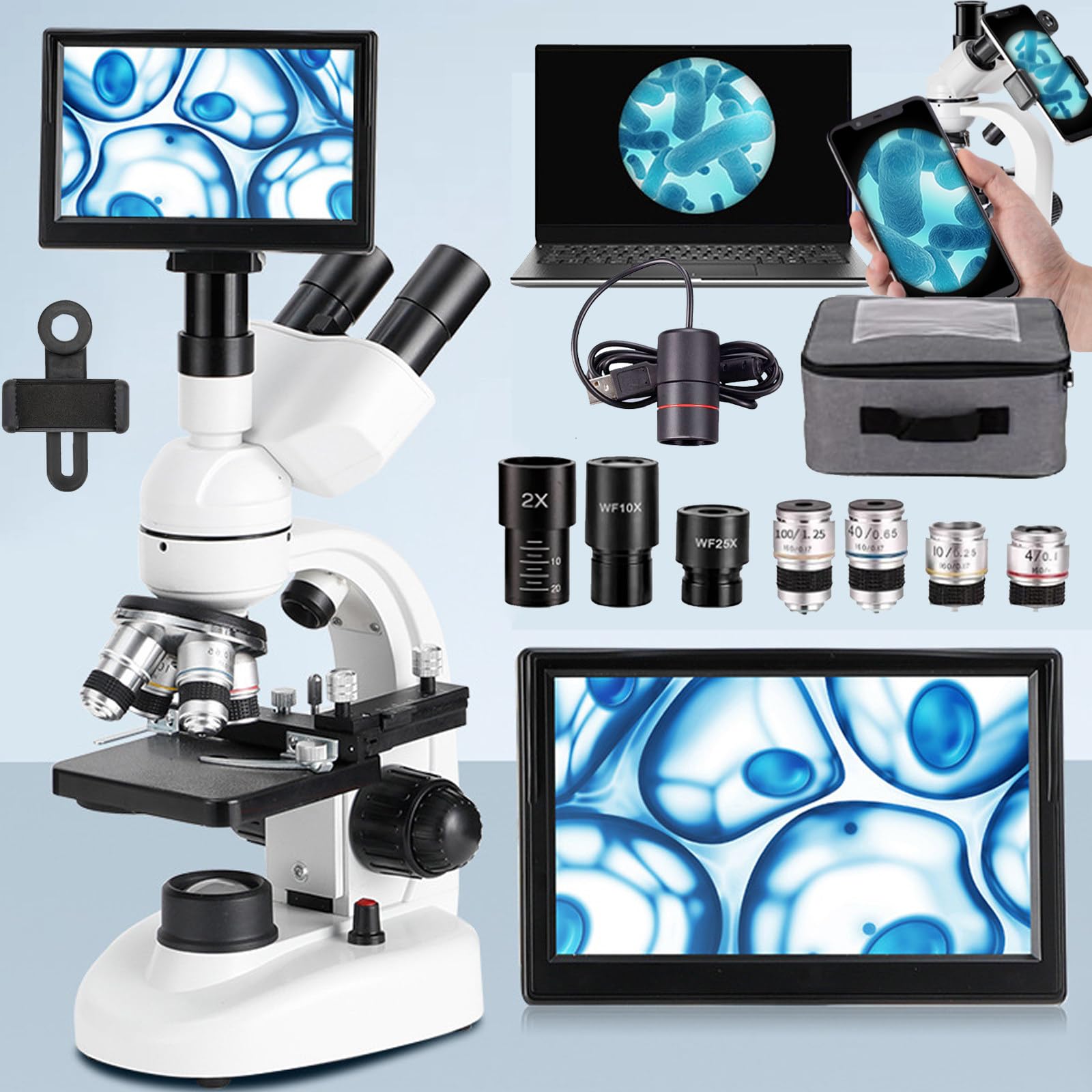 Microscopio Trinocular, Microscopio óPtico Laboratorio 40x-5000x, Microscopio De EnseñAnza Para Estudiantes,Ocular ElectróNico Conectado A Computadora,Puede Combinar Con Una Pantalla 7",White
