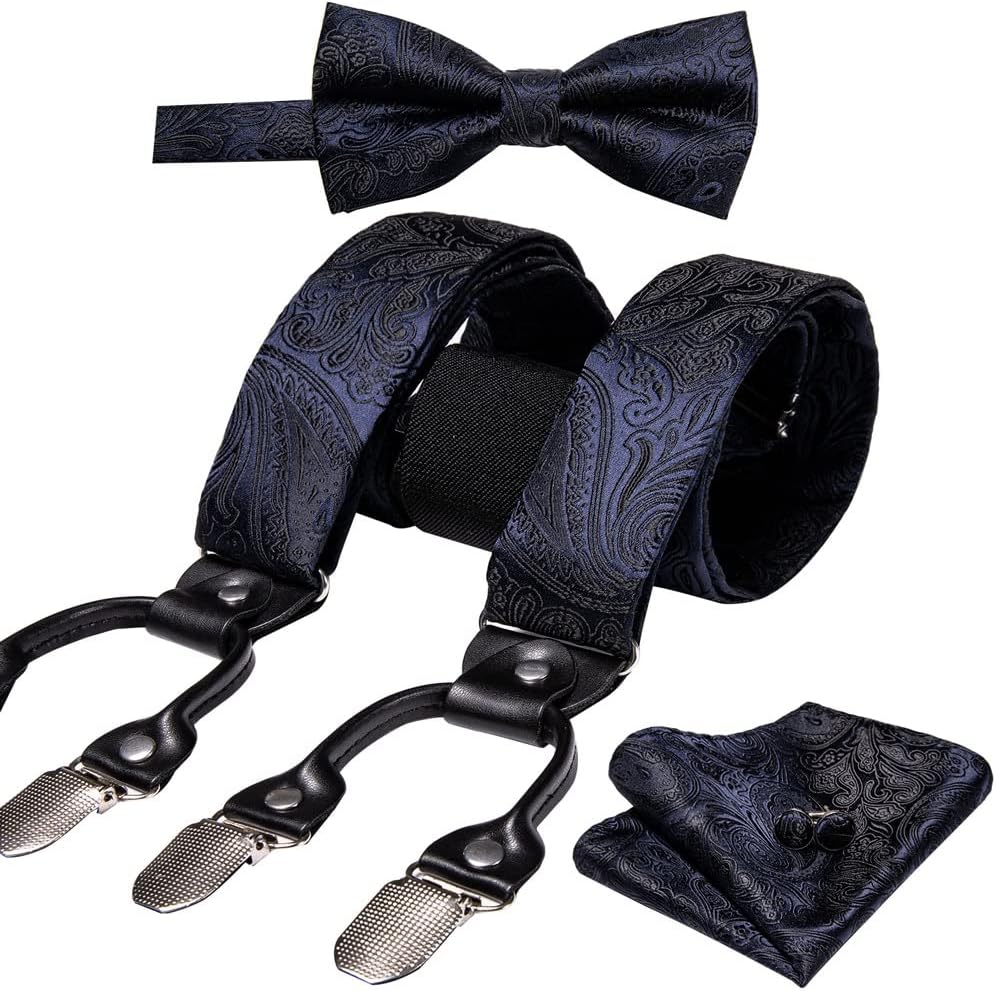 Suspender for Men Silk Bowtie Set Cufflinks Elastic Wedding 6 Clips Bow Tie for Party