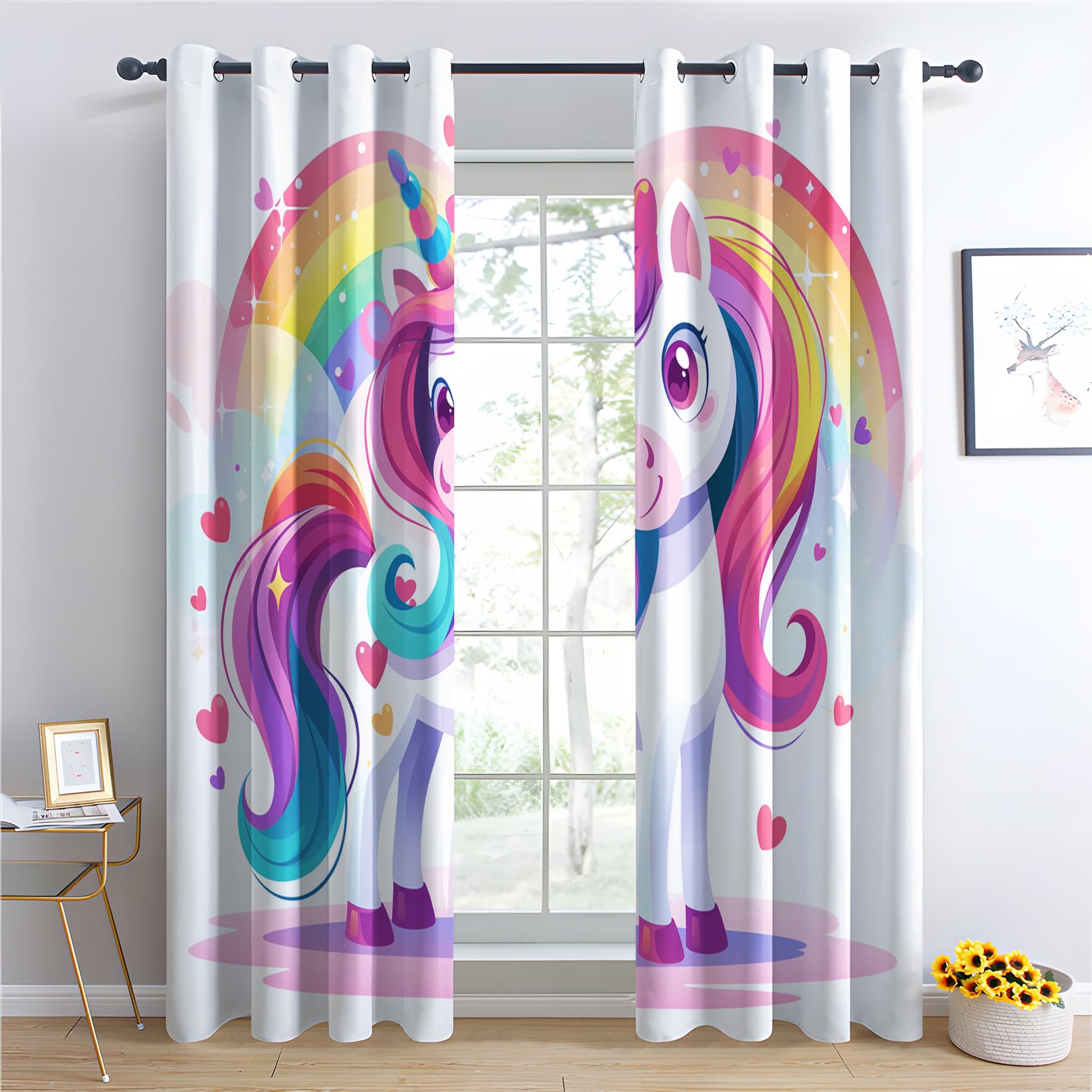 Rideau Occultant Licorne - Décoration Licorne, Rideau Thermique Motif Fille Arc en Ciel, Lot de 2 Rideaux Opaque à Oeillets pour Fenetre Chambre Salon Chambre Enfant, 140x220 cm (LxH) W#300