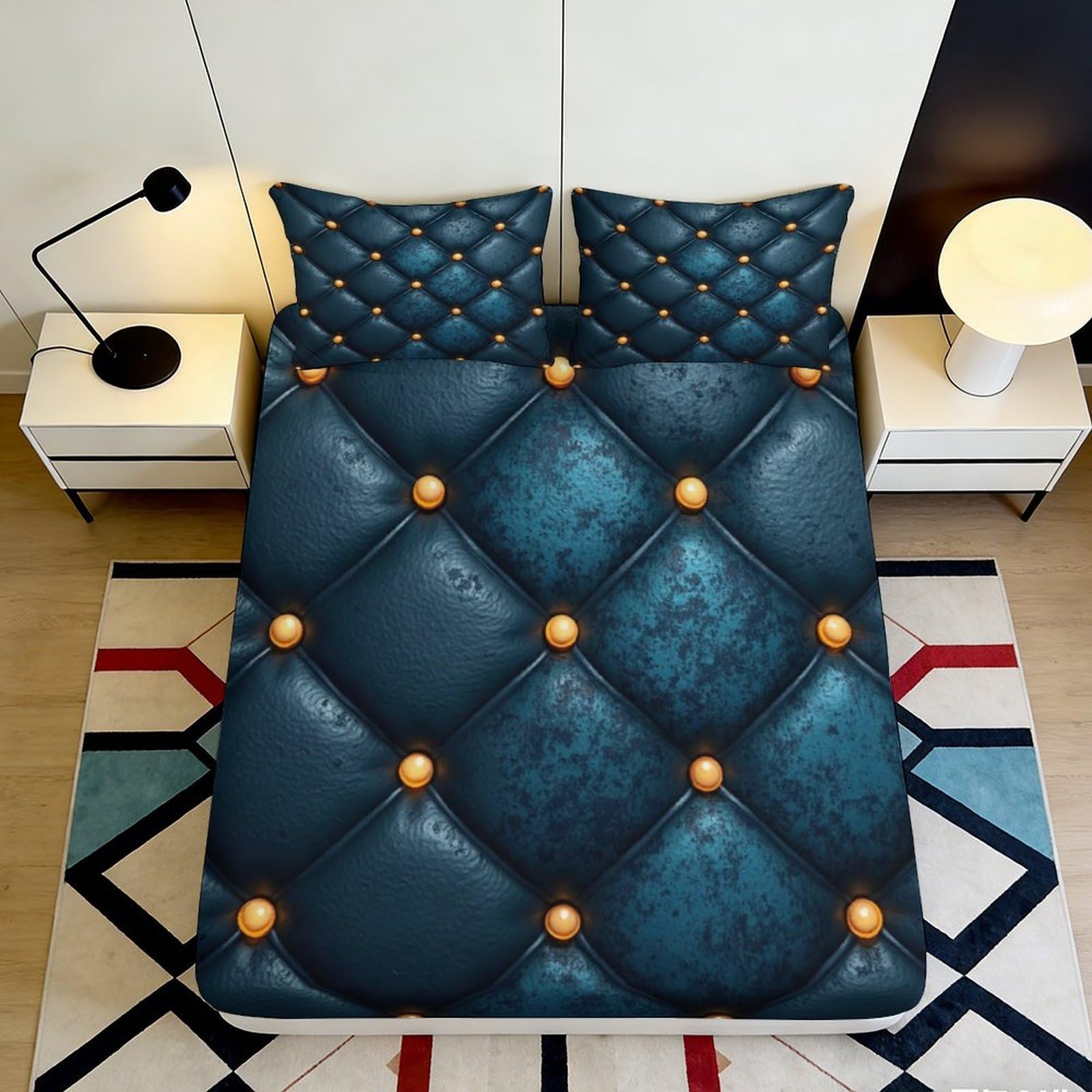 3D Printed Blue Leather Pattern Fitted Sheet Microfiber Soft Durable Quilted Mattress Cover for Bedroom Dormitory Guest Room Protection Decor 180x200x25cm