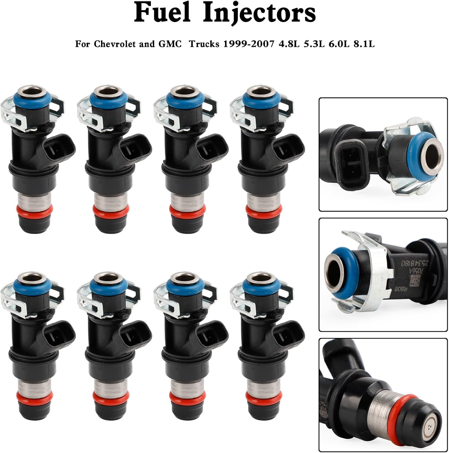 8×Fuel Injectors Fit For 8.1 Mercury Mercruiser 496 MAG,-496 HO 8.1S MPI,8.1L HO,For Chevrolet and GMC Trucks 1999-2007 4.8L 5.3L 6.0L 8.1L fitted with Delphi Multec II injectors Mini Connector
