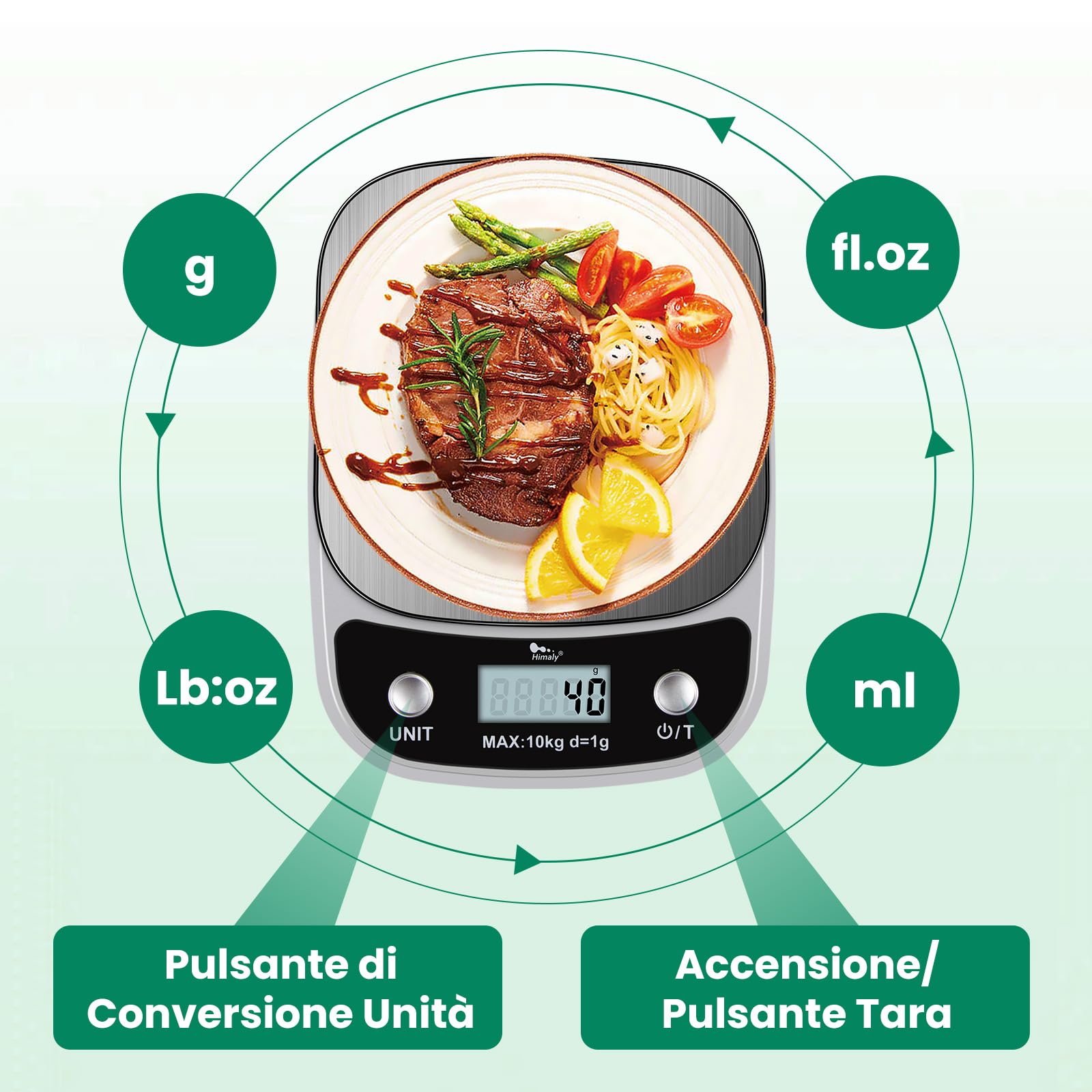 Himaly Bilancia da Cucina Digitale, 10Kg/1g Bilancia Elettronica Alta Precisione Misurazione Display LCD Multifunzione Bilancia da Cucina Professionale, Acciaio Inossidabile + ABS, Grigio Argento