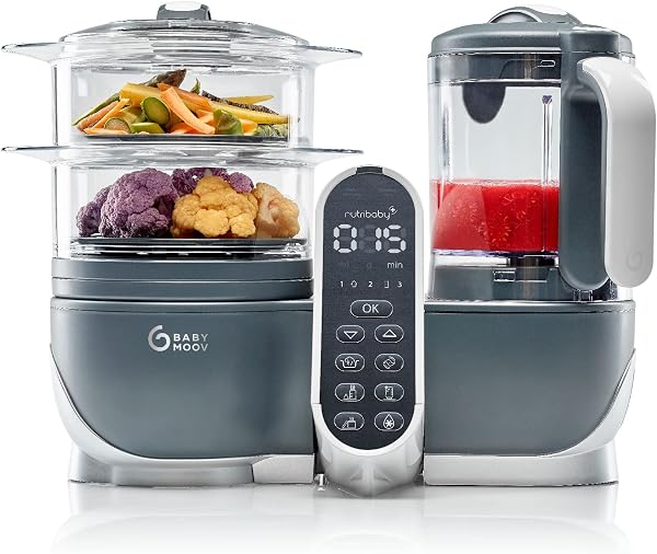 Babymoov Nutribaby(+), Robot Cuiseur Bébé Multifonctions 6 en 1, Cuiseur Vapeur Mixeur, Grande Capacité 2,2L, Petits Pots Bébé Faits Maison, Idéal Diversification Alimentaire, Gris - 1