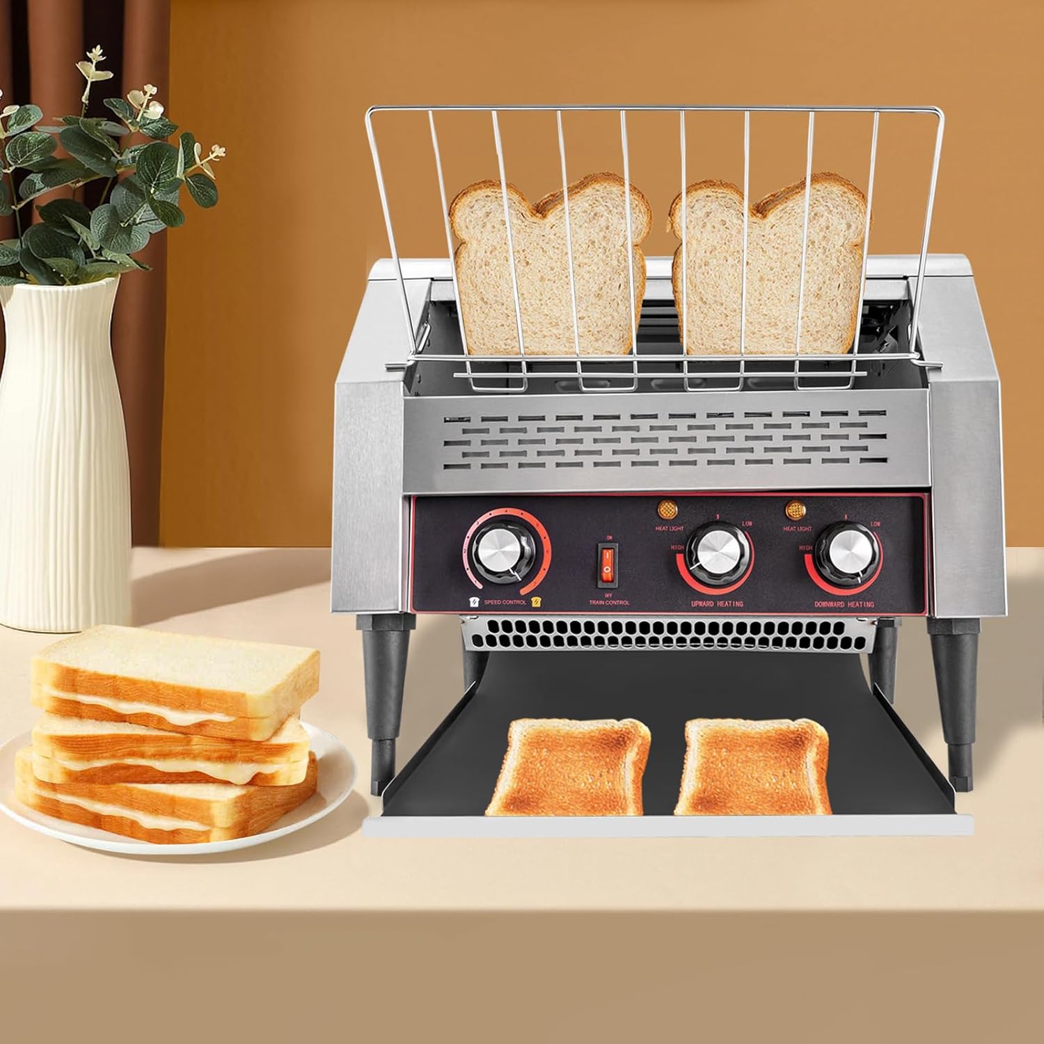 Commercial Conveyor Toaster 450 Slices/Hour, 2.6KW Countertop Stainless Steel Bread Toaster with 7 Gears Adjustable, Heavy Duty Electric Restaurant Toaster for Bagel Burgers Sandwich Baked Food