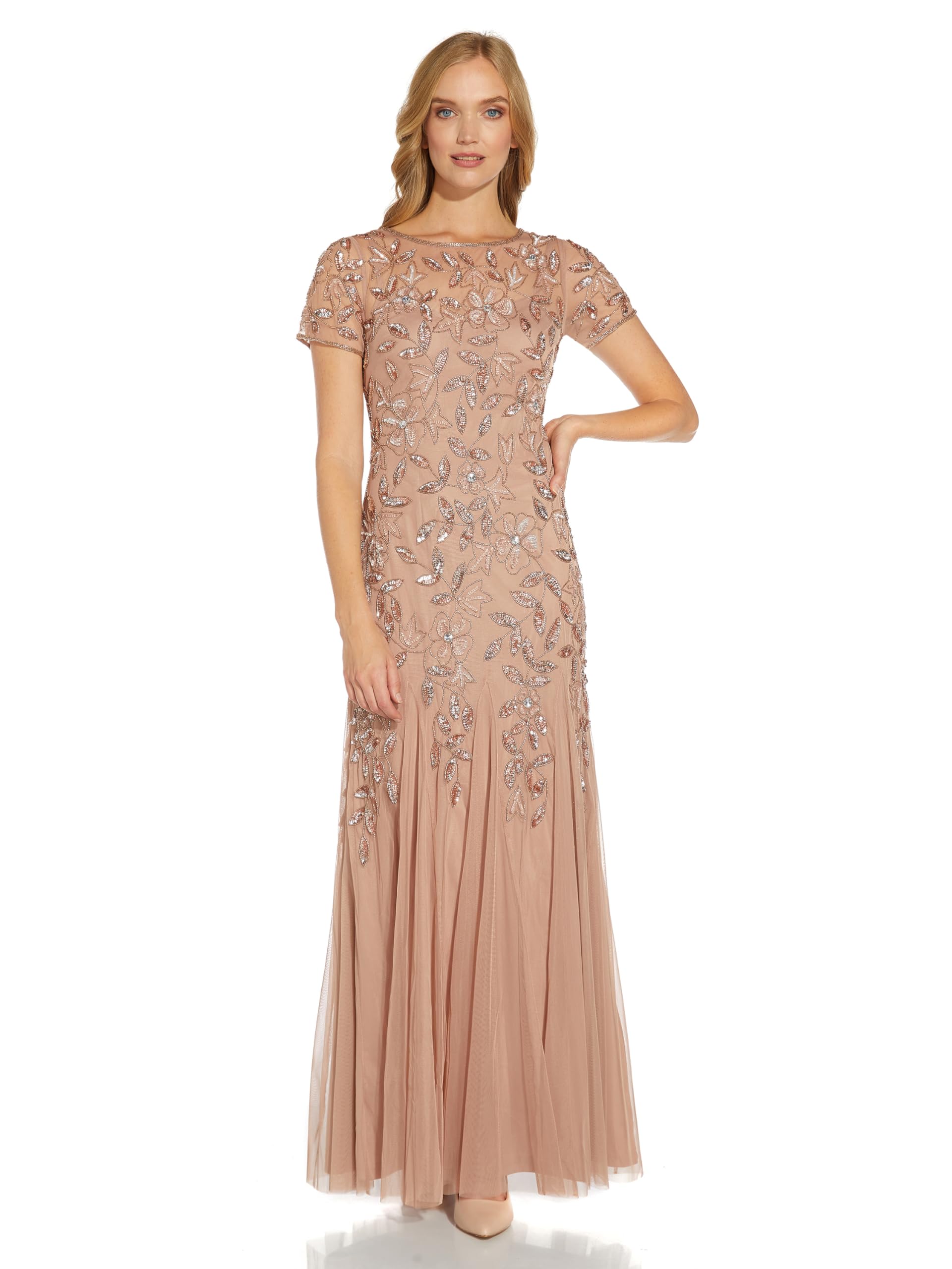 Adrianna Papell Women's Beaded Gown with Godets - Floor Length Gown with Floral Embellishments &amp; Cap Sleeves