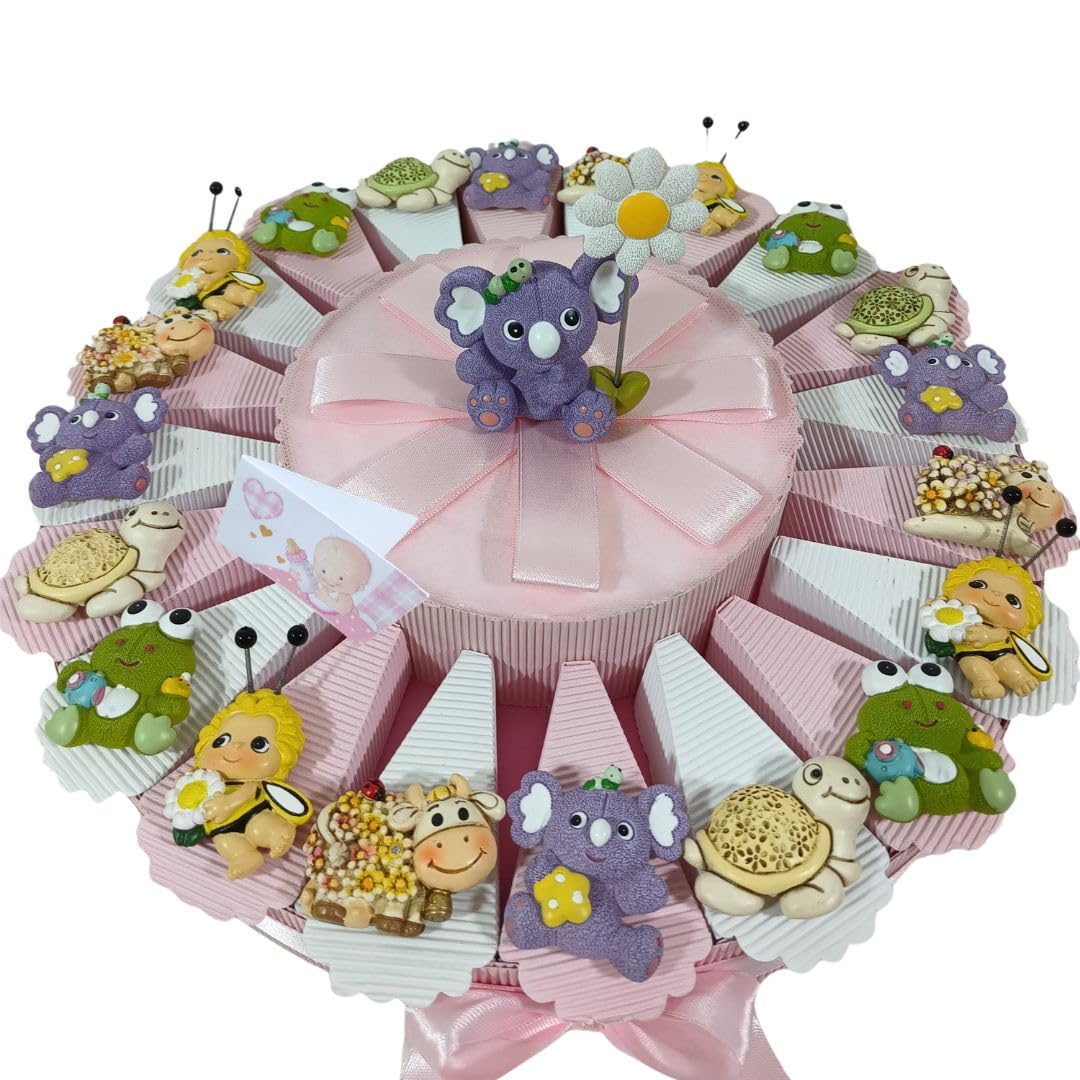 Bomboniere nascita battesimo ANIMALETTI colorati calamita - torta con fette + magneti + 1 centrale confetti e biglietti inclusi (torta femminuccia)