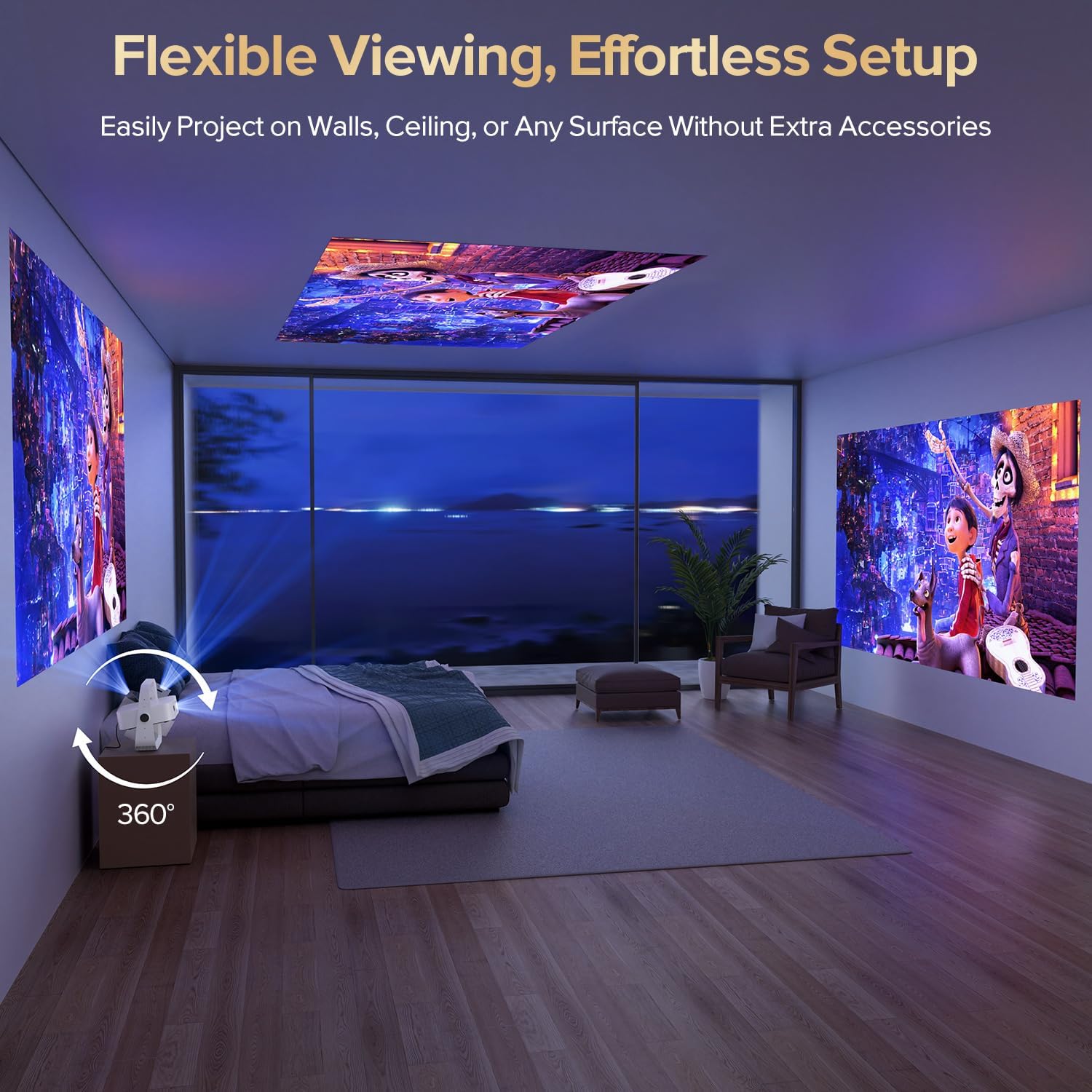 [Google TV Licensed&Voice Control] Projector, Smart 1080P Projector with WiFi and Bluetooth, Auto Focus & Keystone, Movie Video Projector, Home Cinema Mini Portable Proyector with 360° Rotating Stand