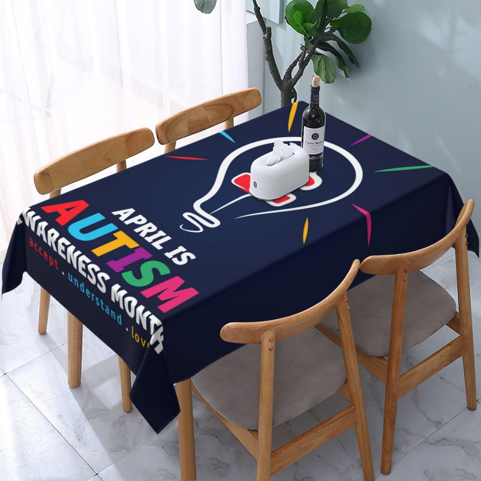JunHeArt Autism Awareness Month Tablecloth Rectangle Table Cover Washable Table Cloths Decor For Kitchen 54" X 72"