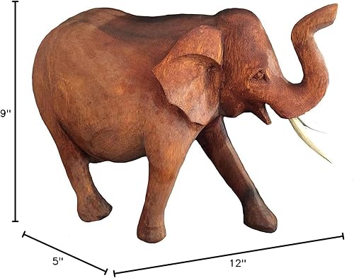 Vista 5 de OMA Estatua de elefante de madera maciza tallada a mano con tronco de la suerte, figura de elefante, decoración del hogar (grande)