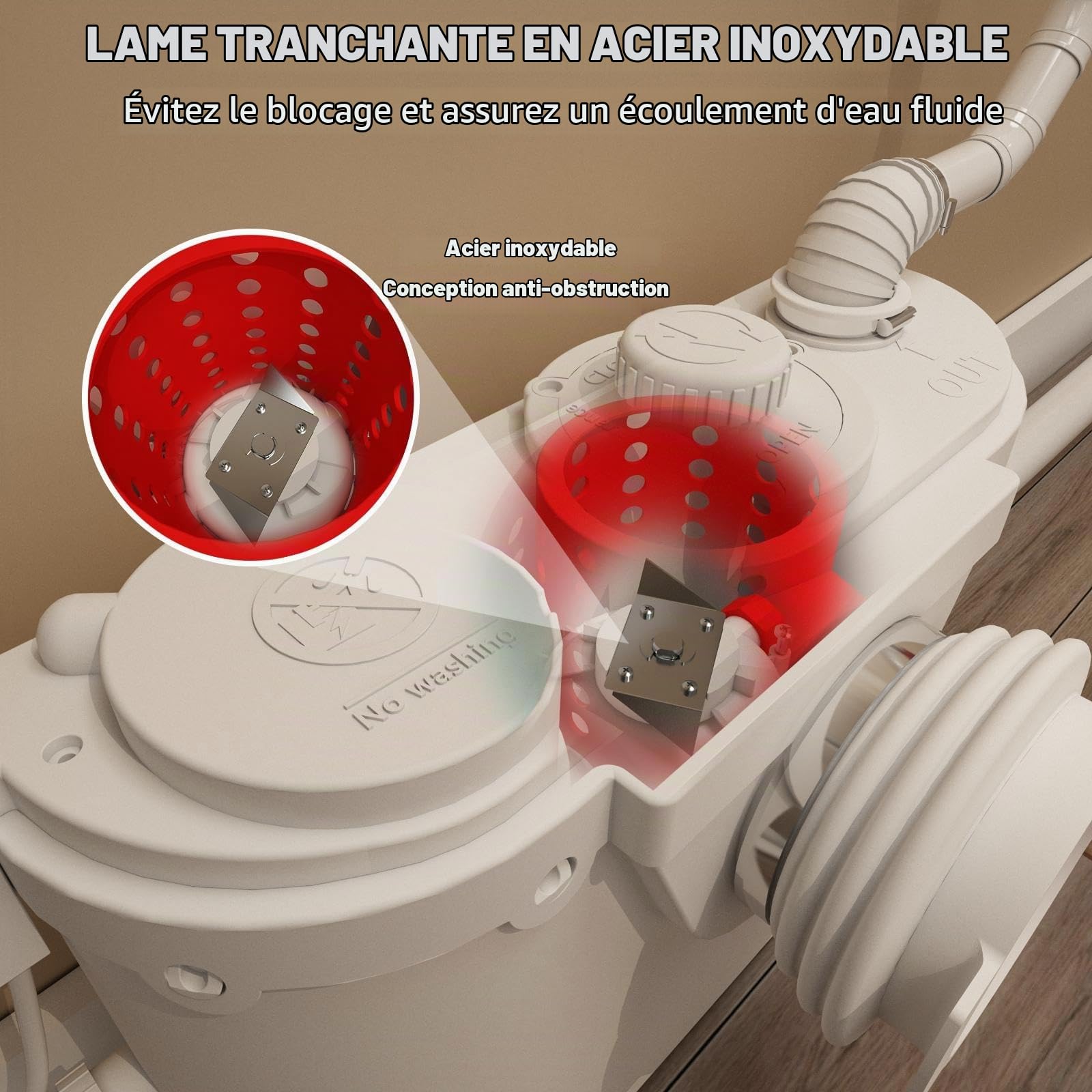 Pompe de relevage avec broyeur - Moteur cuivre, 4 entrées (lavabo/douche/évier/buanderie), refoulement 7m vertical/horizontal