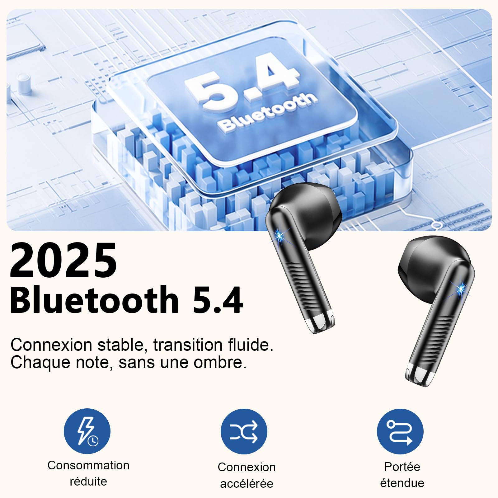 Ecouteurs Bluetooth sans Fil, Écouteurs Bluetooth 5.4 2025 Écouteurs sans Fil avec 4 ENC Réduction de Bruit Mic, IP7 Étanches Oreillette Bluetooth 56H Stéréo USB-C Casque Bluetooth pour Sport/Travail