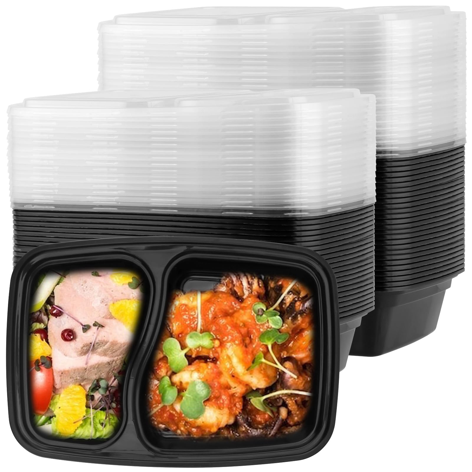 50 PCS 2 Compartment Food Prep Containers, Meal Prep Containers, Plastic Lunch Boxes with Lid Black Meal Prep Boxes for Lunch Preparing and Portion Control, 28oz