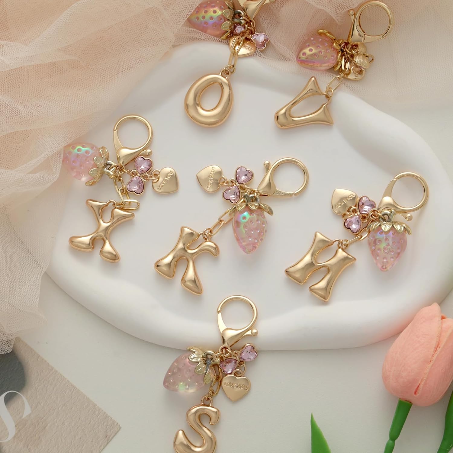 Snycler Bubble Initial Keychain with Strawberry & Bow- Gold Letter Bag Charms for Women, Cute Purse Handbag Accessories - Image 4