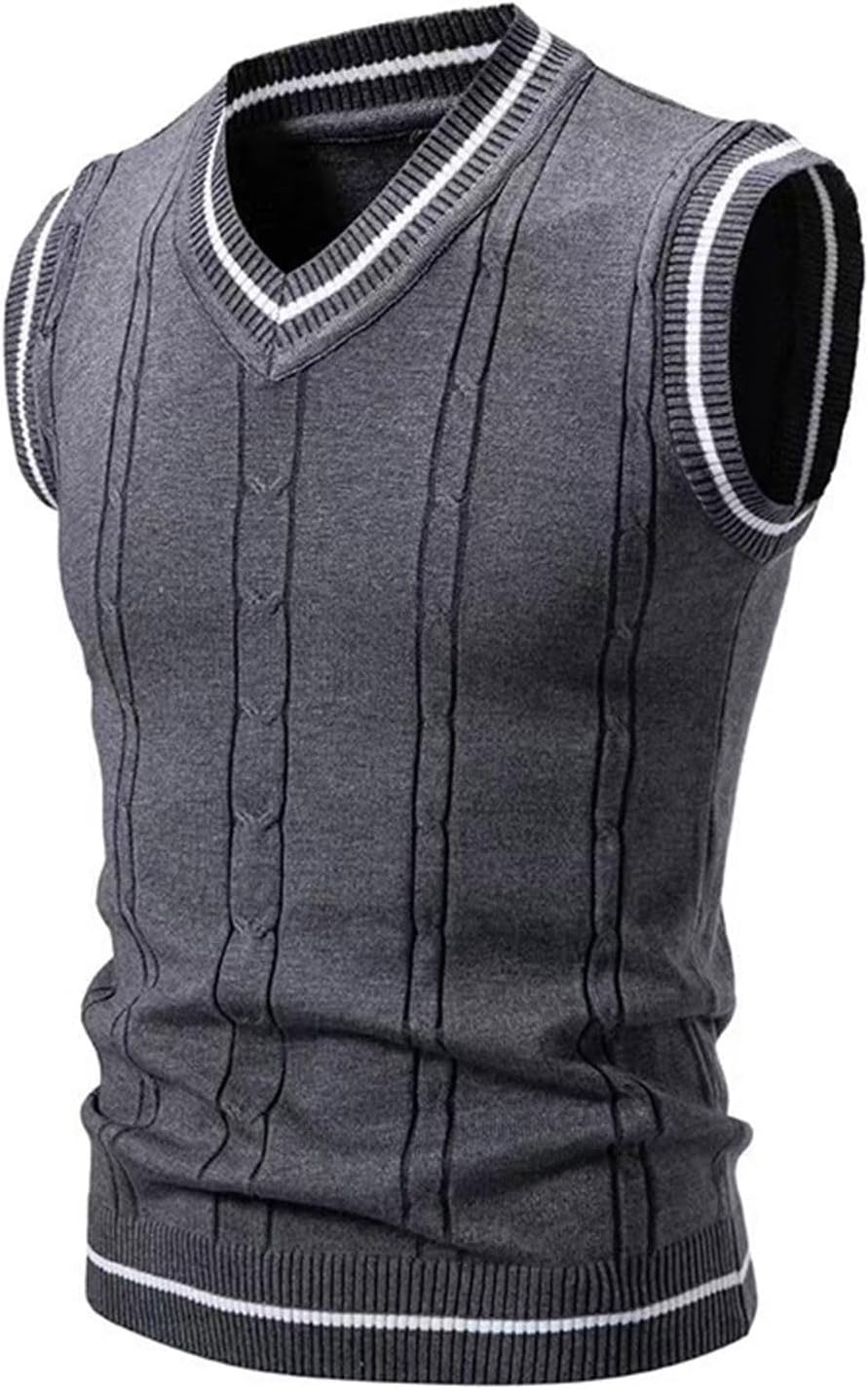 Blck Striped Cable Knit Sweater Vest for Men Fashion Sleeveless V-Neck School Office Party Dressy Tops Fall Outfits