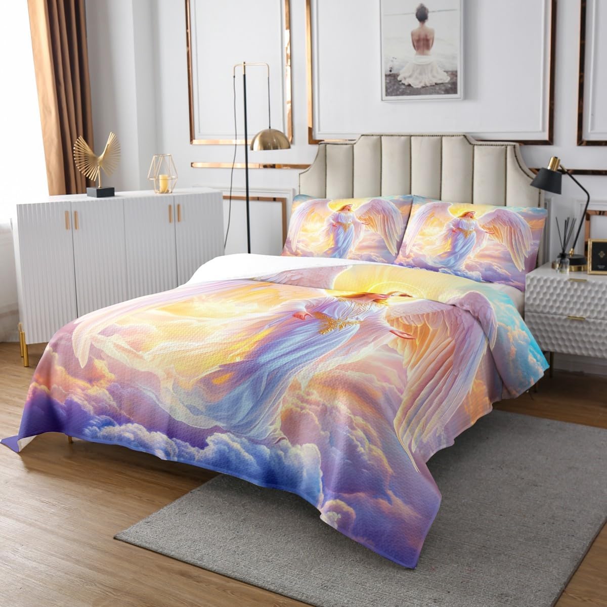 Homewish 3D Angel Wings Bedspread Twin Size,Dreamy Sky Cloud Bedding Sets 2Pcs for Kids Girls Boys Room Decor,Bible Verses Christian Comforter Set Soft Modern Quilt Coverlet,1 Pillowcase