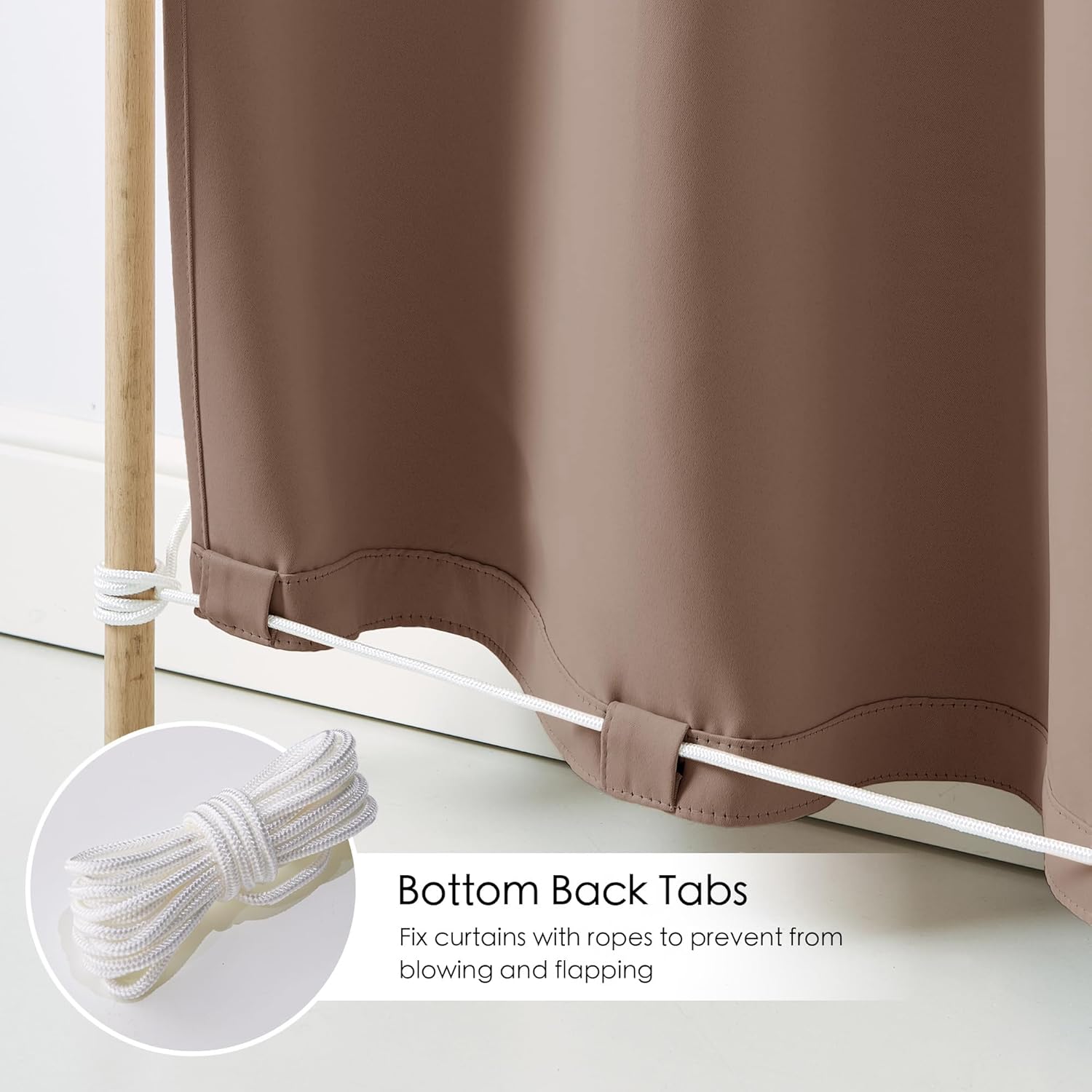 RYB HOME No-Rod Windproof Outdoor Curtains for Patio Waterproof with Adhesive Tape & Back Tab Bottom, Sun Blocking Privacy Curtains with Rope for Gazebo Porch Pergola, Mocha, W 52 x L 84, 2 Panels thumbnail