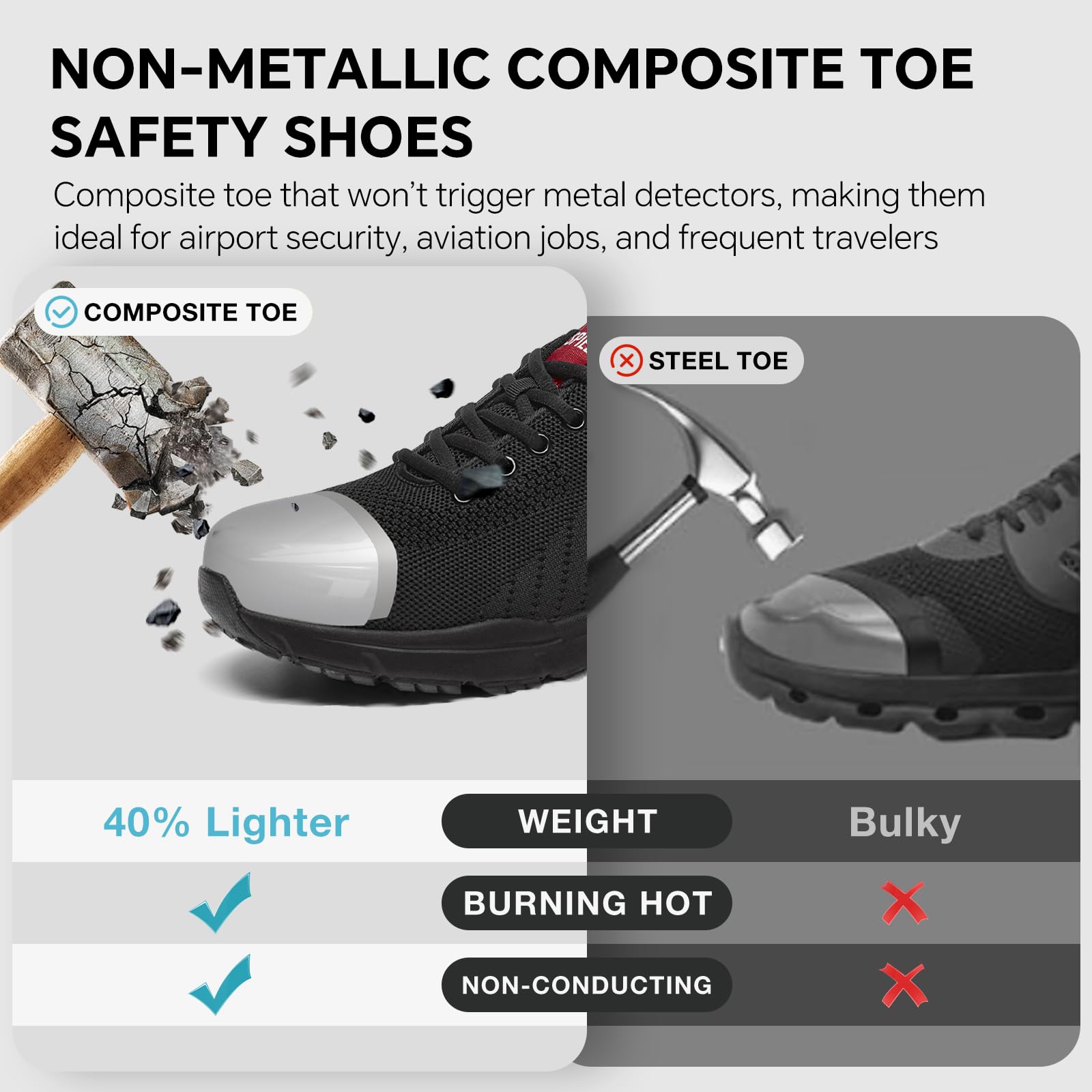 SPIEZ Zapatos de Seguridad Hombre Mujer Ligeros con Puntera Composite y amortiguación de Aire Negro/Rojo Tallas EU 36-46