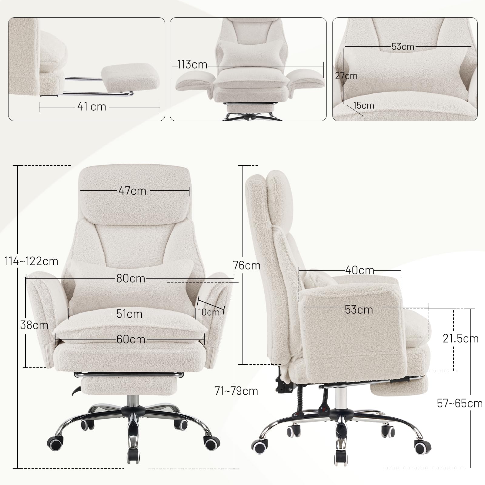 Chaise de Bureau Ergonomique avec Accoudoirs Réglables 5 Niveaux, Repose-Pieds, Soutien Lombaire, Hauteur Réglable, 200kg, Blanc