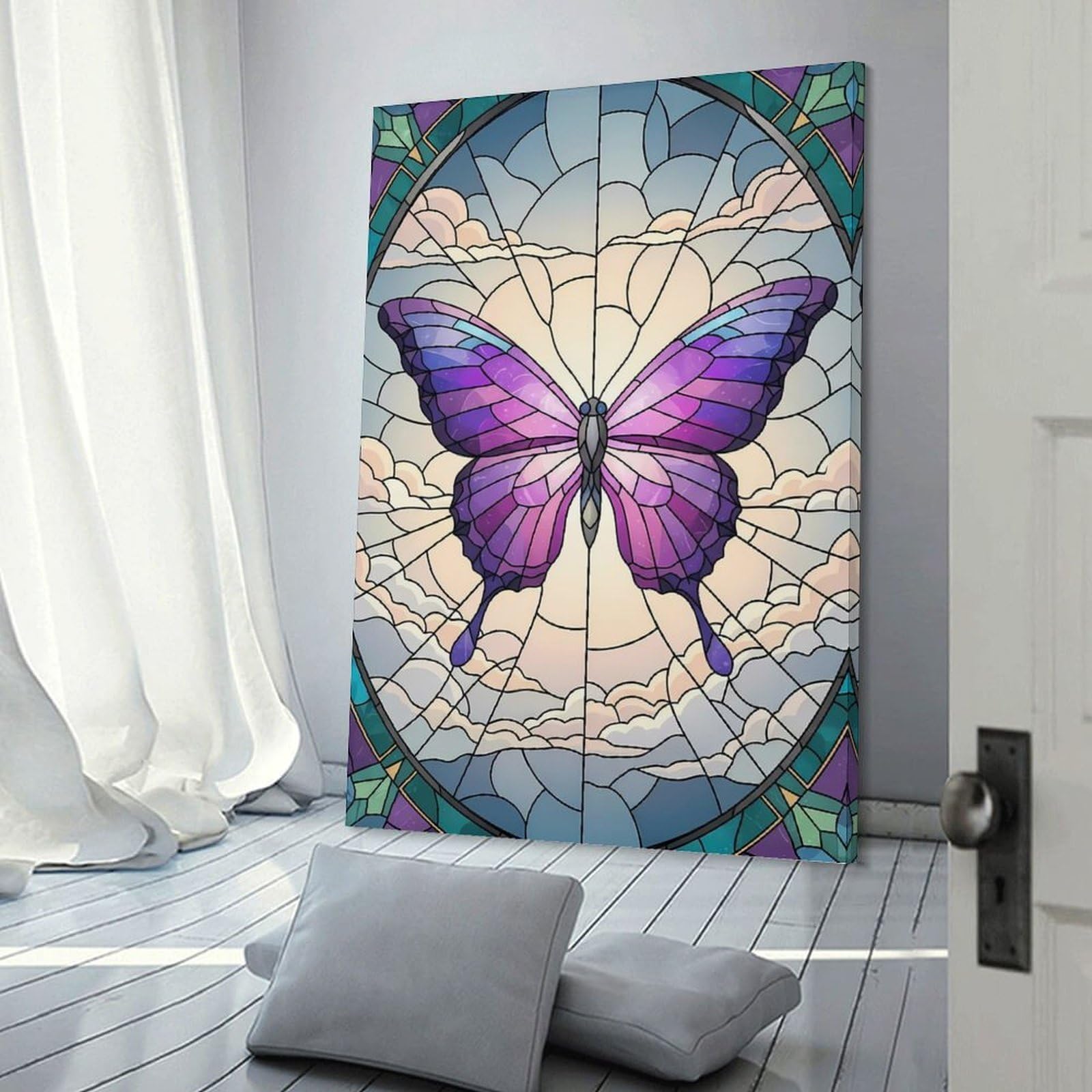 Junmoney Frame-Style-3 Canvas Art Print Stained Glass Butterfly, 16X24inch(40X60cm), For Office, Study Or Home Workspace, Wall Art That Adds Style To Work Areas