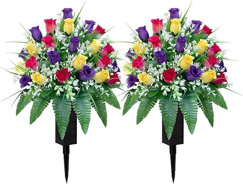 LVXINLI Artificial Cemetery Flowers, Gravesite Decoration Roses, Memorial Bouquets with Cemetery Vase, Vibrant and Long-Lasting Colors (Yellow+Purple+Brilliant Red, 2 Bundles)