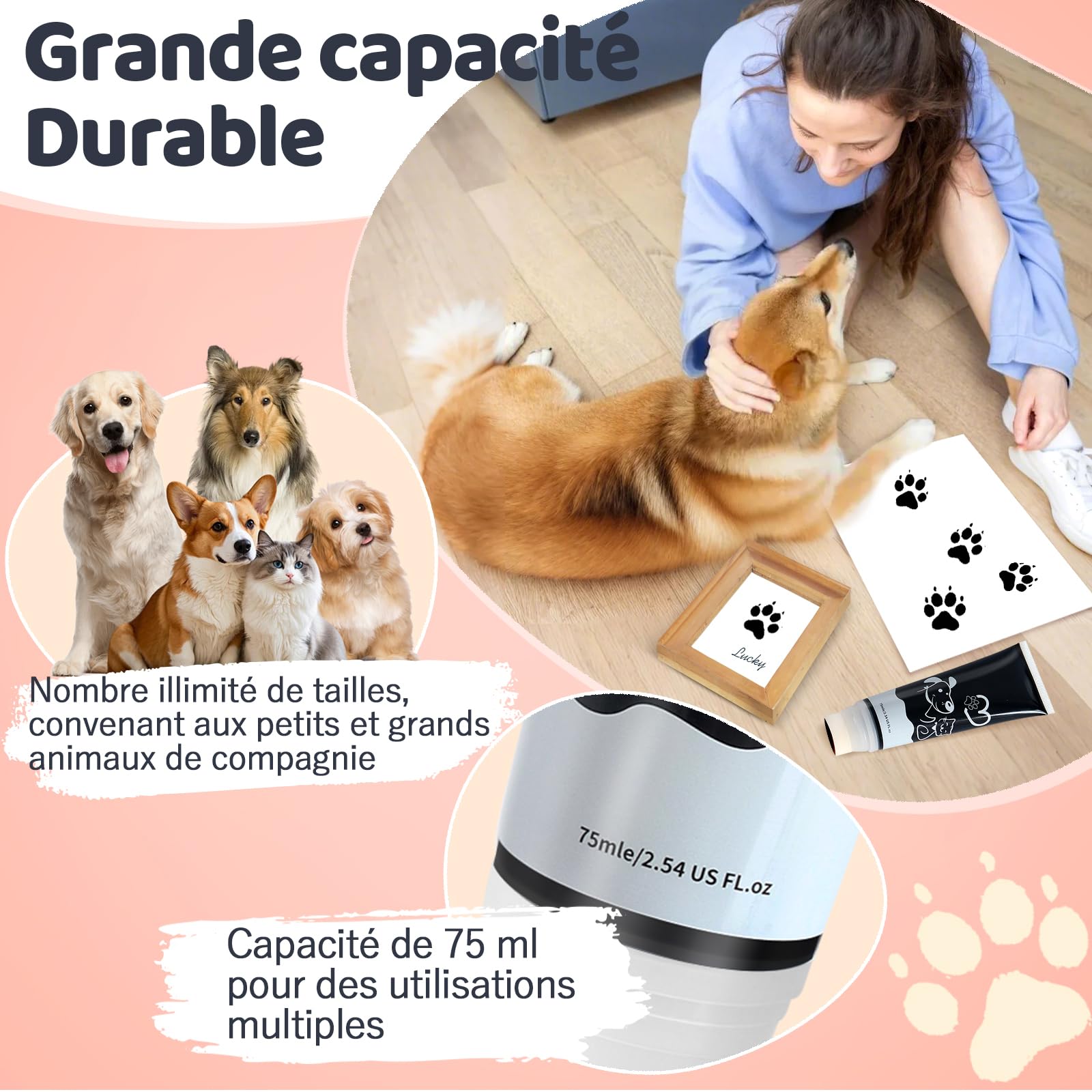 Nabance Kit Empreinte Chien Avec Tête Éponge Noir 75ml Non Toxique et Lavable Kit Empreinte Chat kit Empreinte Bebe Convient Aux Cadeaux Pour Animaux Création d'une Empreinte d'animal