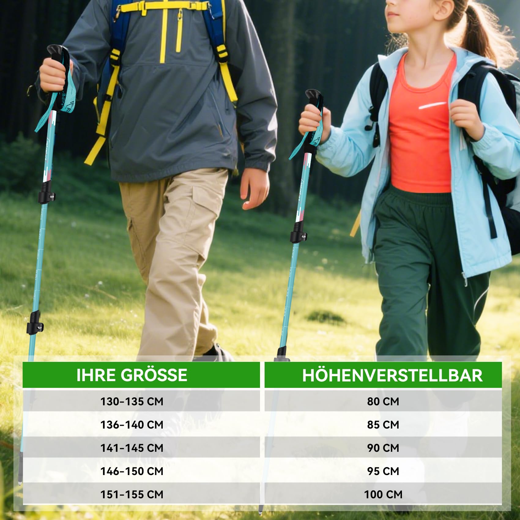 Clostnature Wanderstöcke Kinder Teleskop - Verstellbare Trekkingstöcke für Kinder, 2 Stück Leichte Walking Stöcke aus Aluminium für Wandern, Outdoor, Komfortabler Griff mit Handschlaufe, 50-96 cm